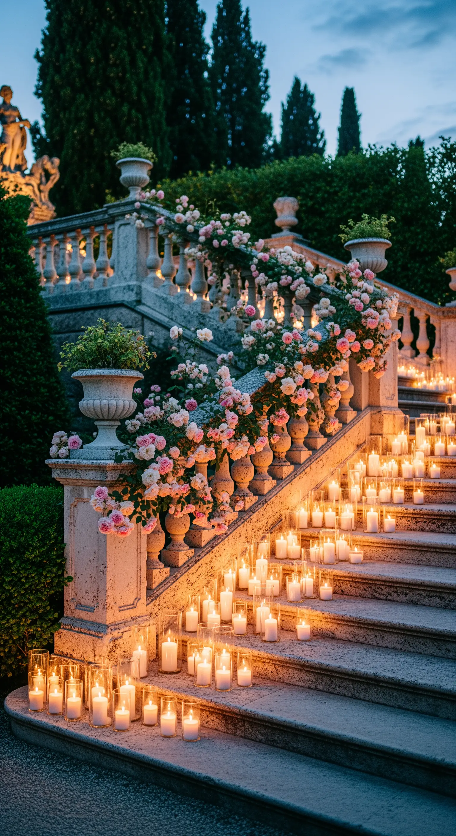 Steintreppe mit Rosen, Kerzenlichterkaskade und eleganten Gartenväschen