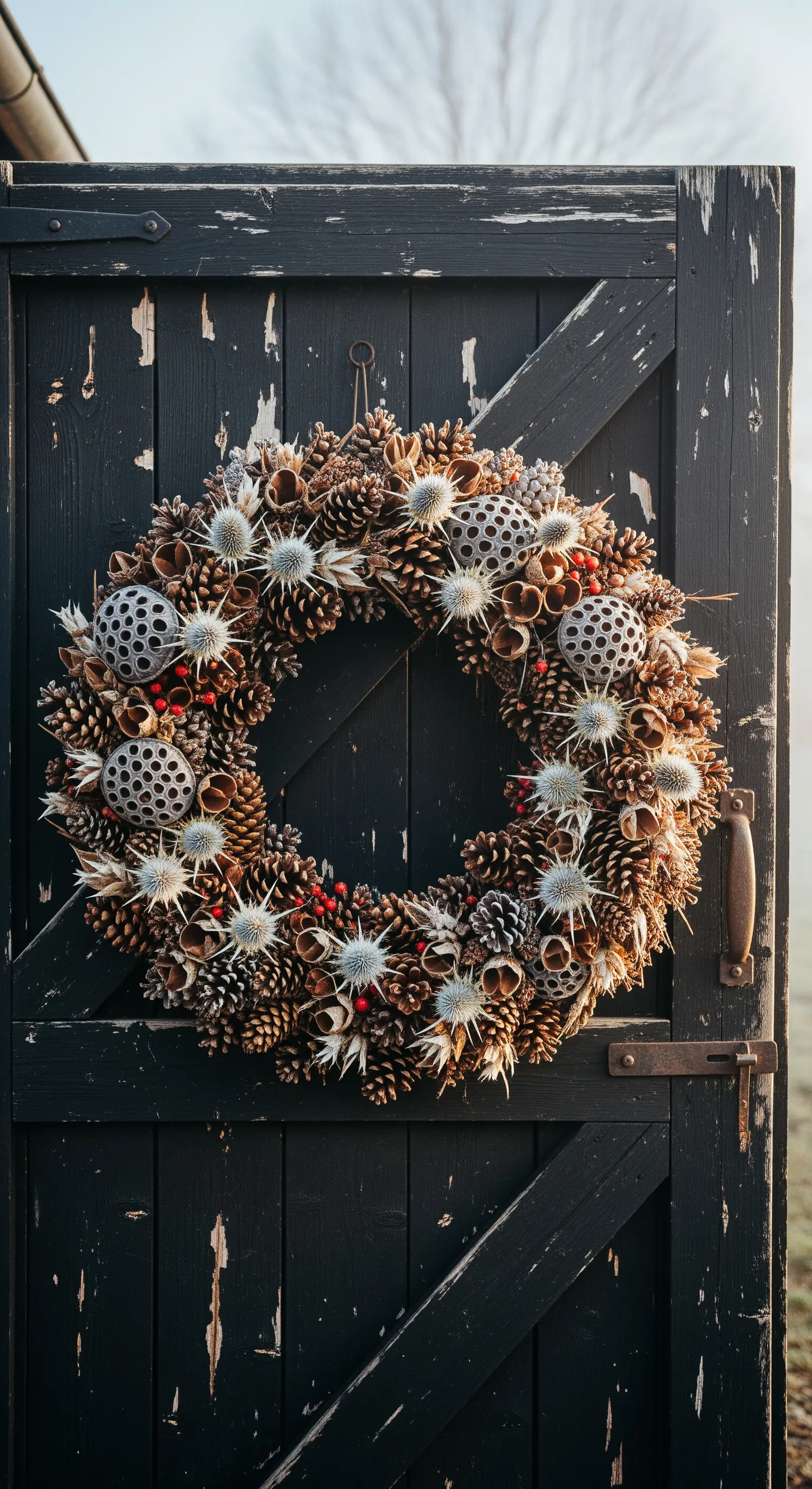 Großer Türkranz aus Tannenzapfen, Disteln, roten Beeren und Mohnkapseln an schwarzer Tür