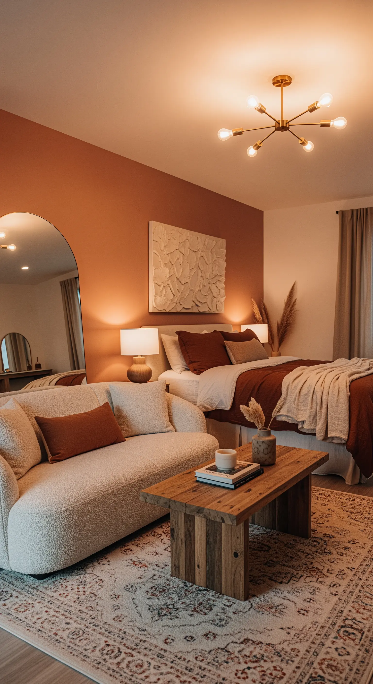 Boho-Studio mit Terrakotta-Akzentwand, Bouclé-Sofa und moderner Messing-Leuchte.