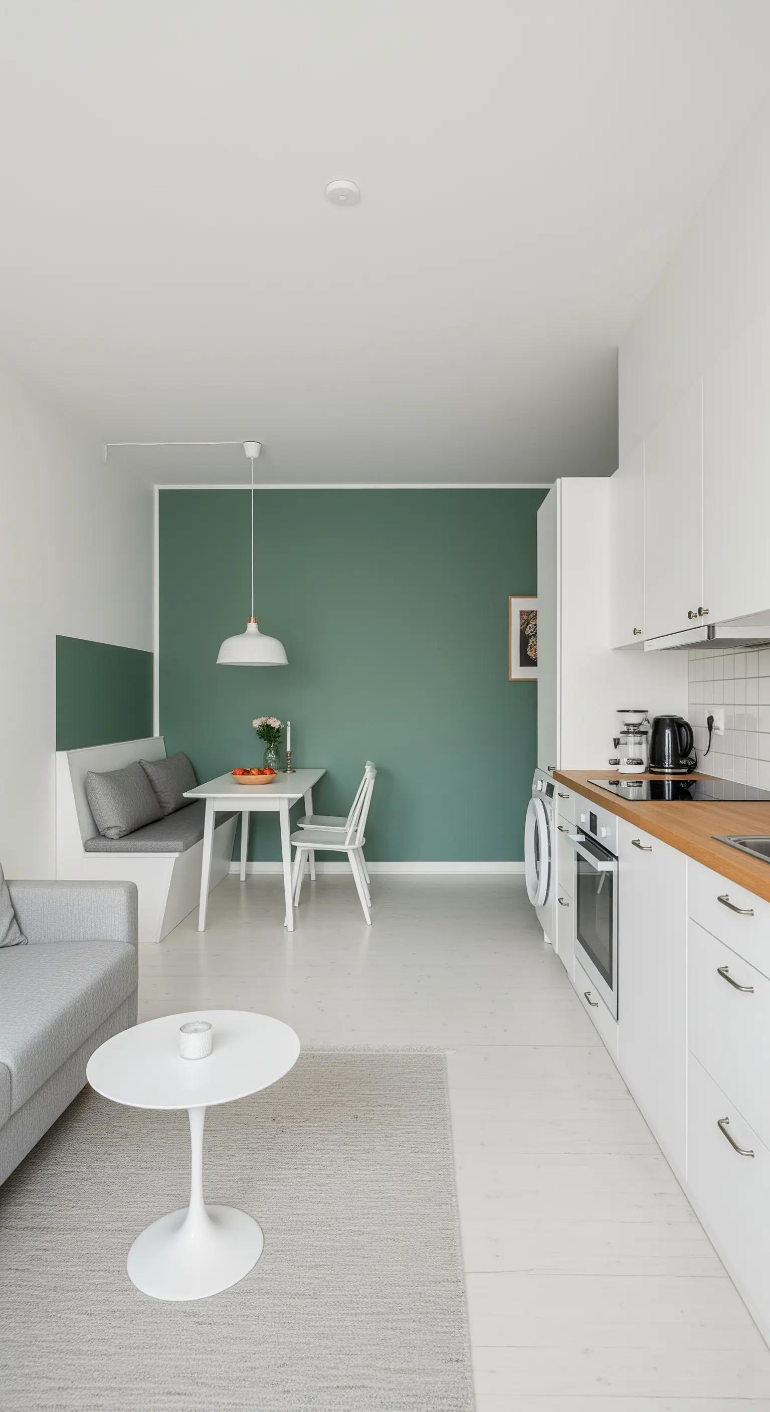 Essbereich mit salbeigrüner Akzentwand und eingebauter Sitzbank