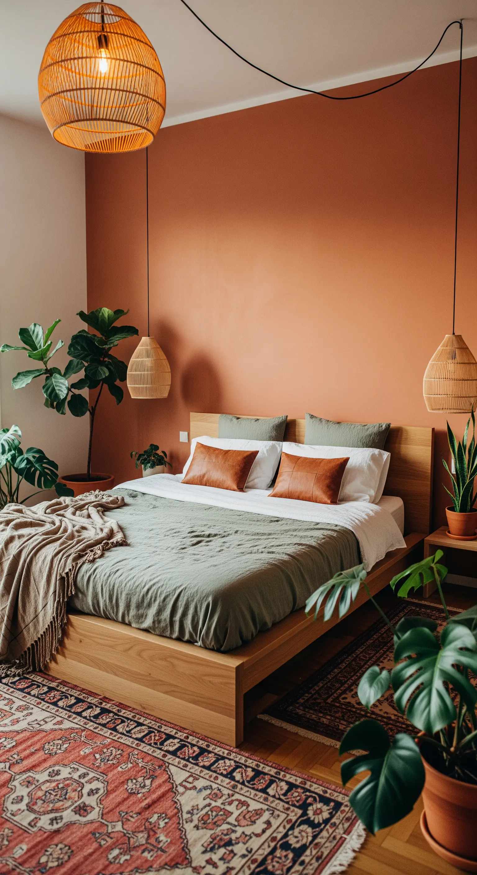 Boho-Schlafzimmer mit einer Terrakotta-Akzentwand, Rattanlampen und vielen grünen Zimmerpflanzen.