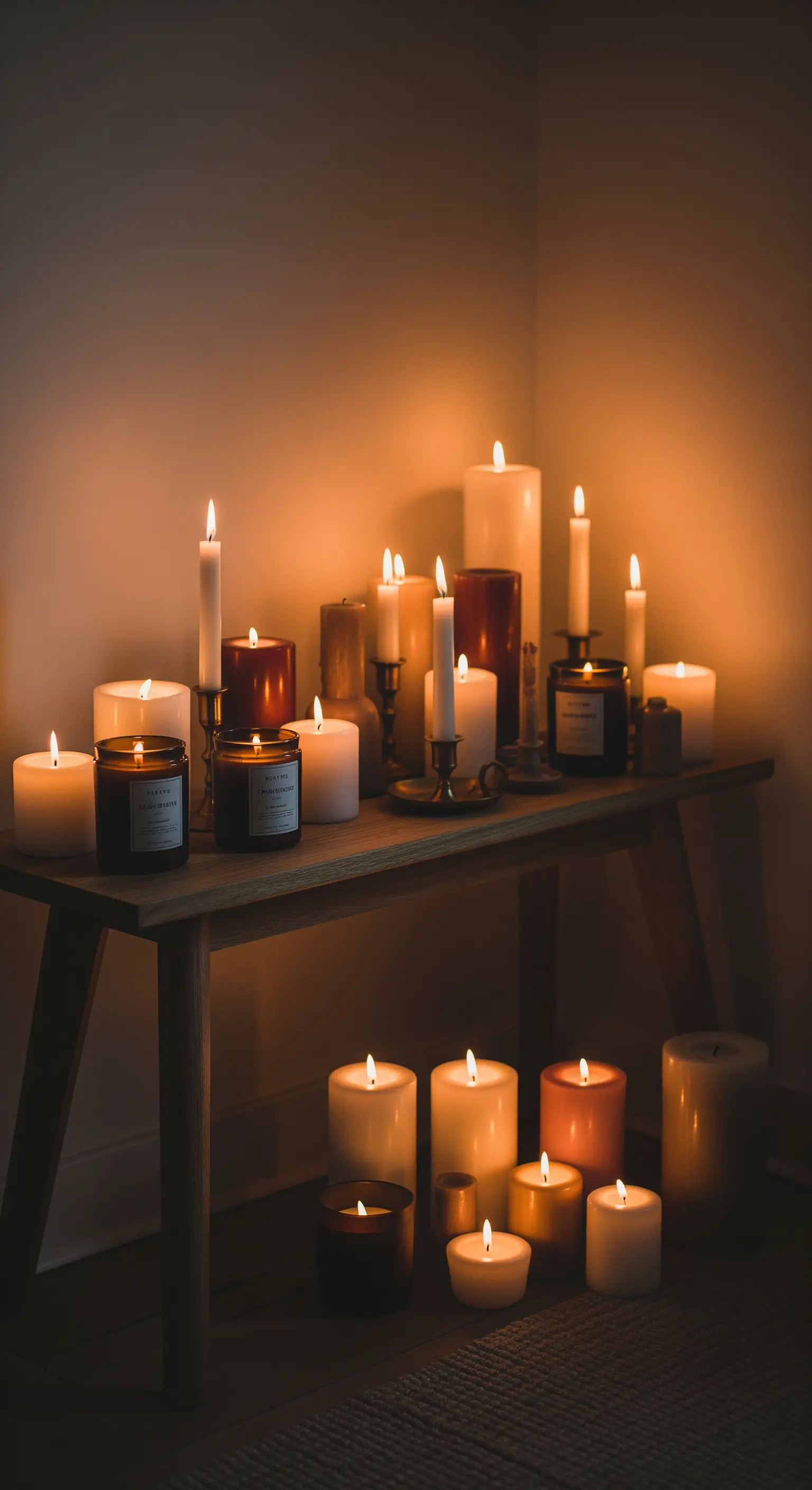 Eine große Sammlung von brennenden Kerzen in verschiedenen Größen auf und vor einer Holzbank in einer dunklen Ecke.