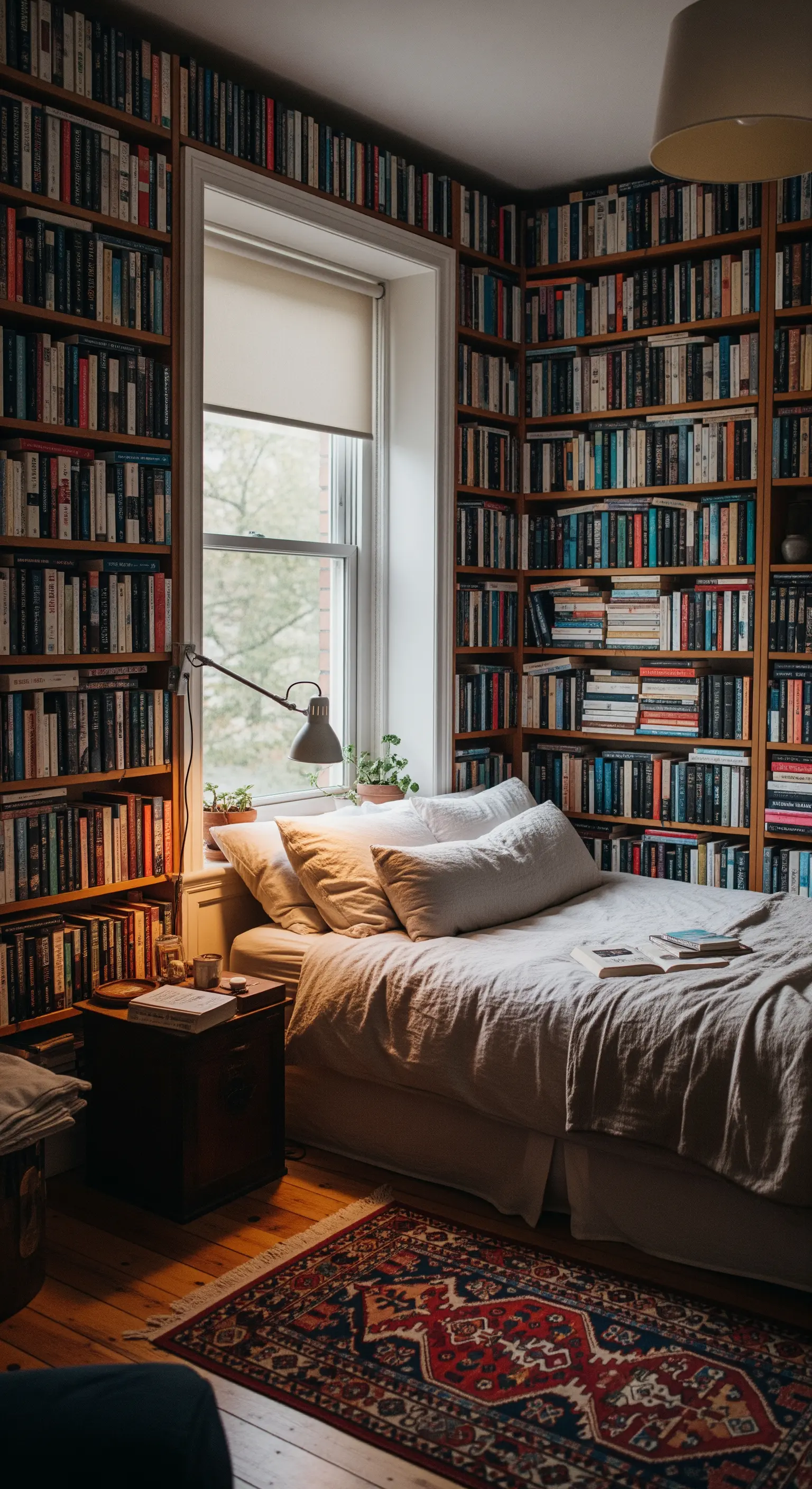 Gemütliches Schlafzimmer, das von raumhohen Bücherregalen umgeben ist.
