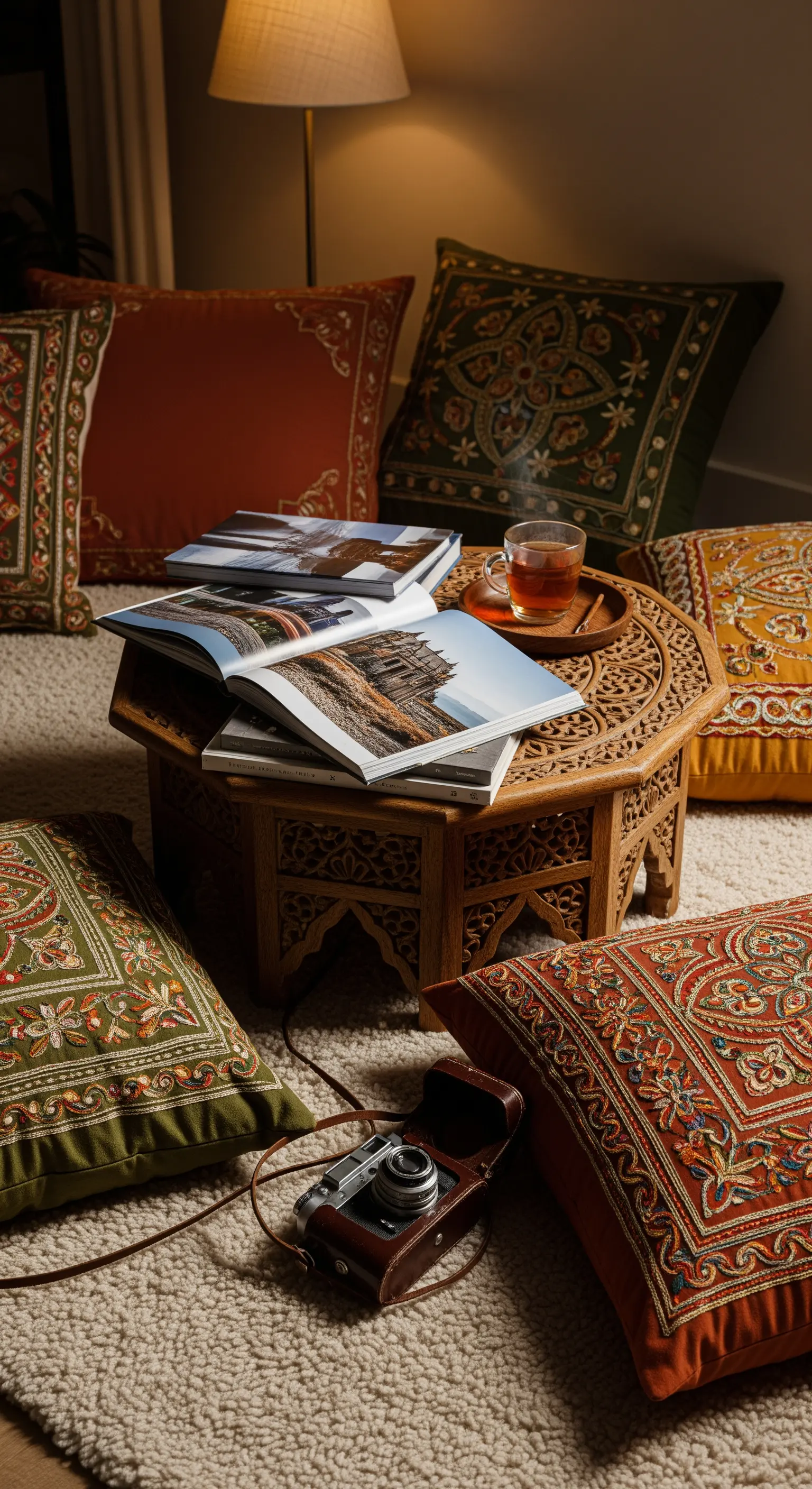 Niedriger Holztisch auf einem Teppich, umgeben von bunten Kissen und aufgeschlagenen Fotobüchern.