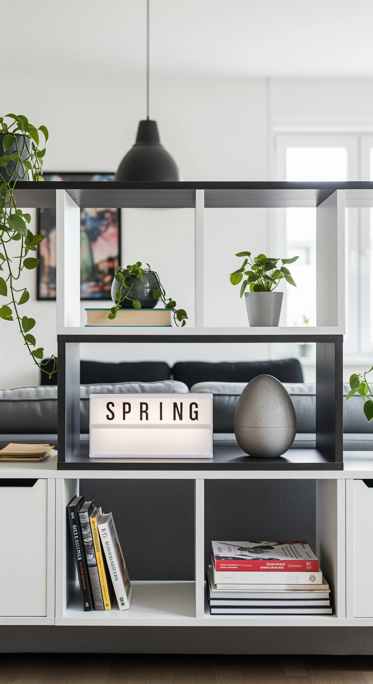 Eine Leuchtbox mit dem Wort „SPRING“ in einem modernen Regal.