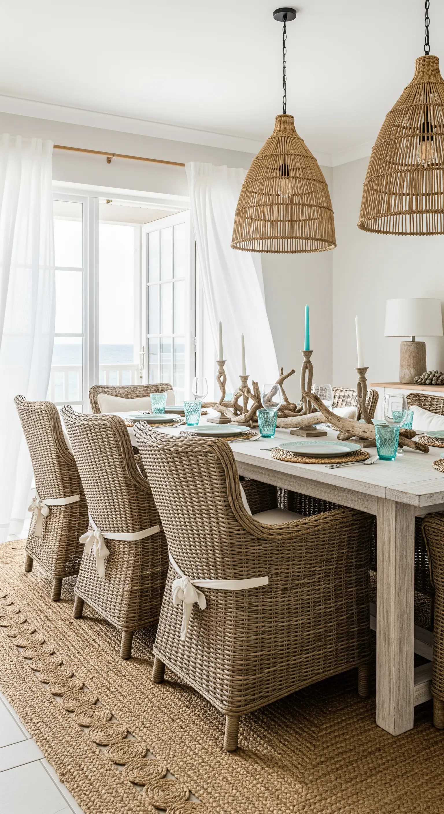 Heller Essbereich im Küsten-Boho-Stil mit Korbstühlen und türkisen Akzenten.