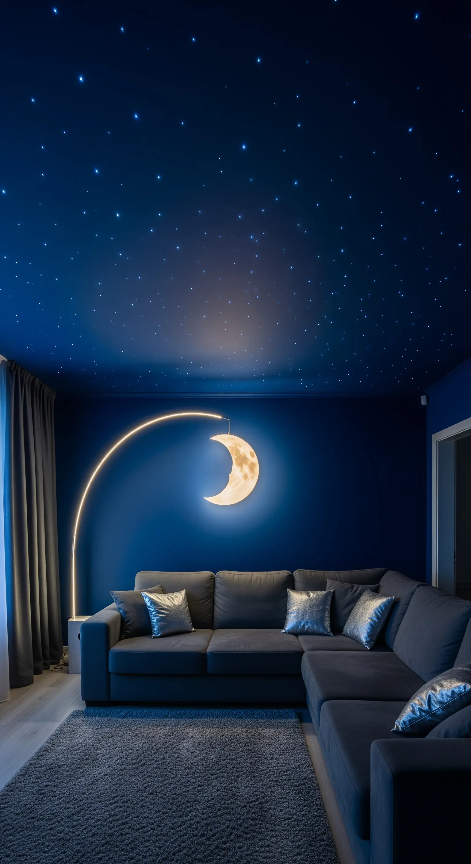 Wohnzimmer mit dunkelblauen Wänden und einer Decke, die wie ein Sternenhimmel leuchtet, mit einer Mondlampe.