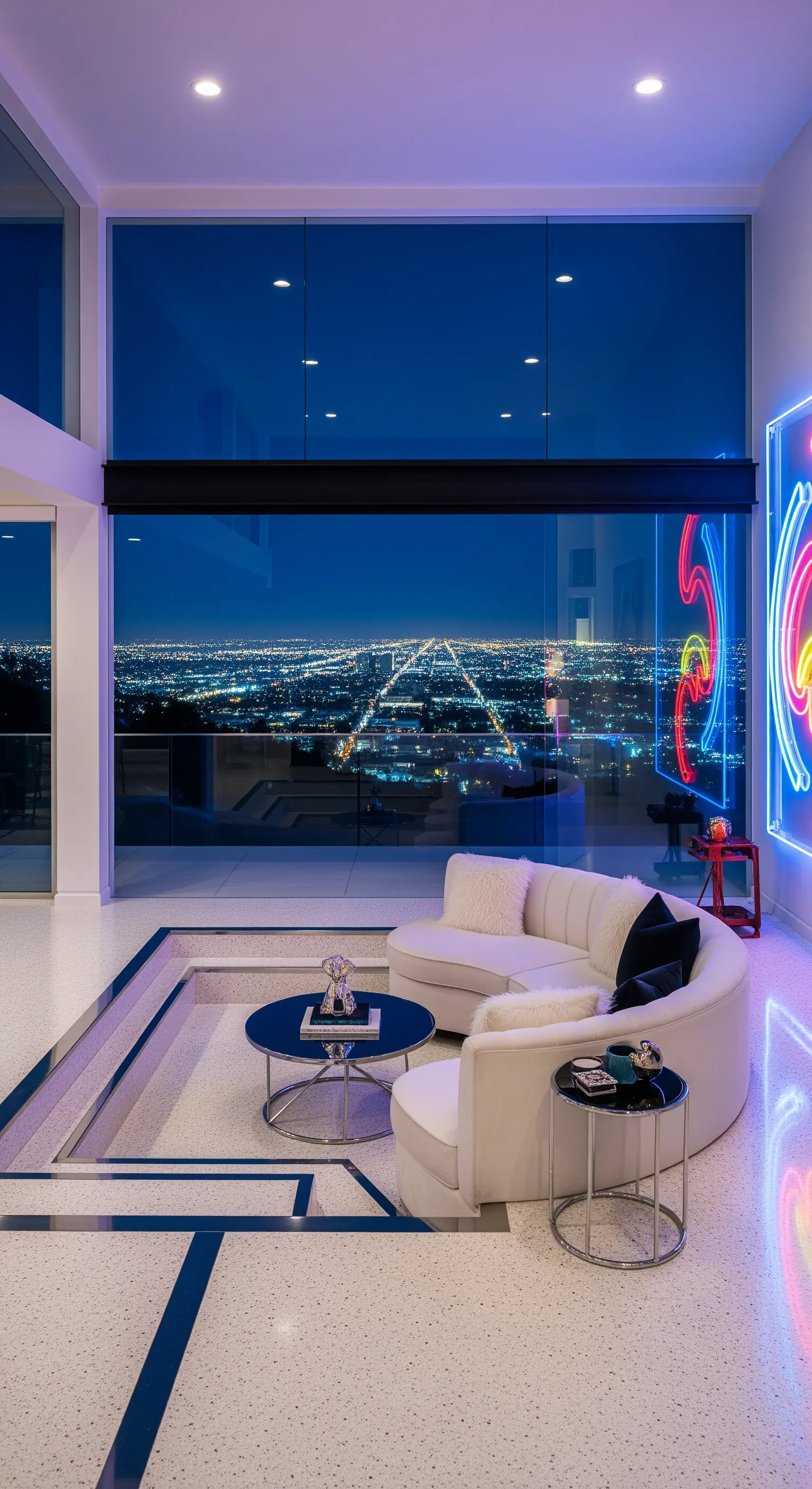 Modernes Wohnzimmer mit einer abgesenkten Sitzecke, weißem Sofa und Neon-Kunst an der Wand.