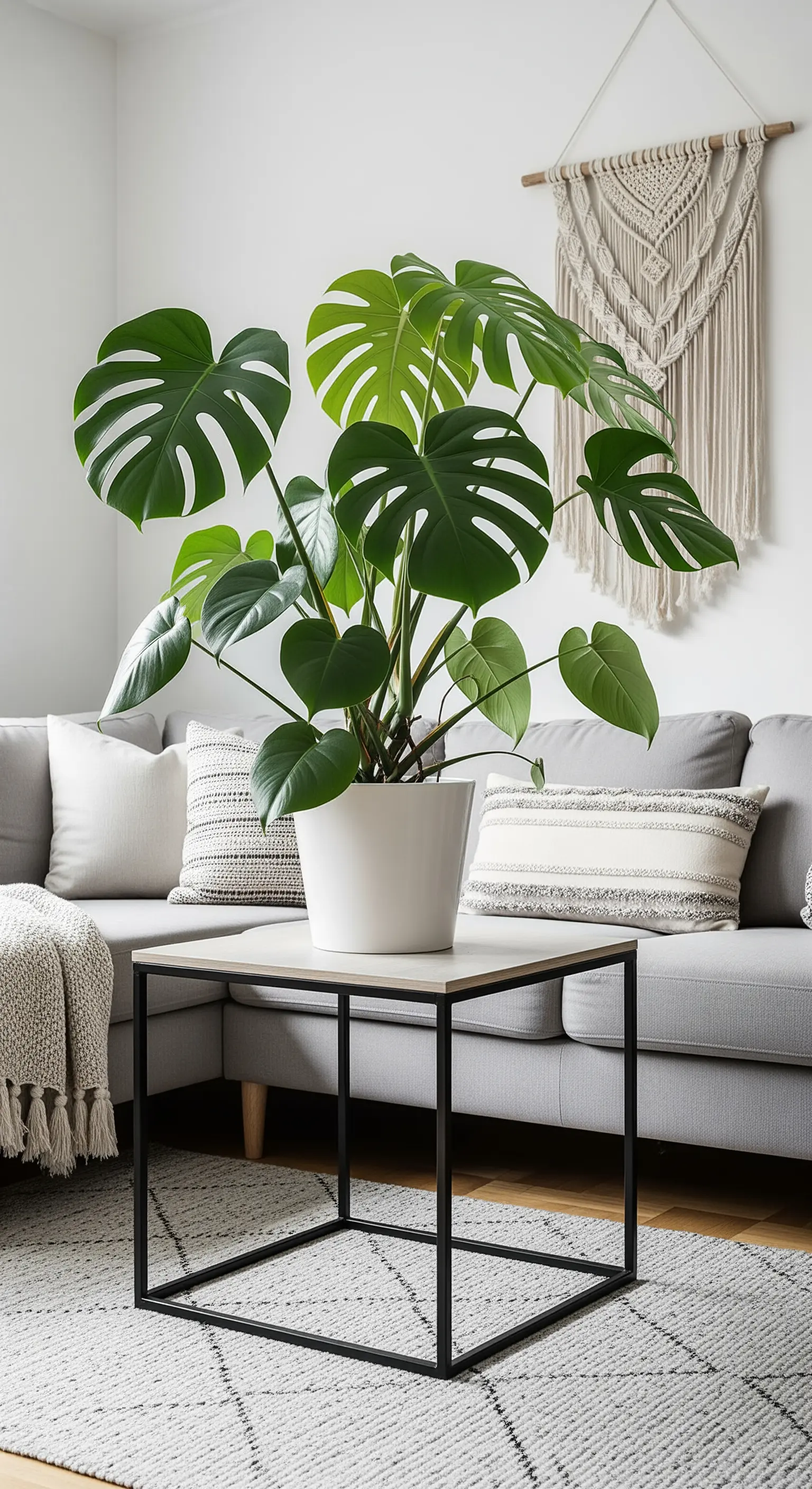 Eine große Monstera-Pflanze in einem weißen Topf auf einem schwarzen Beistelltisch.