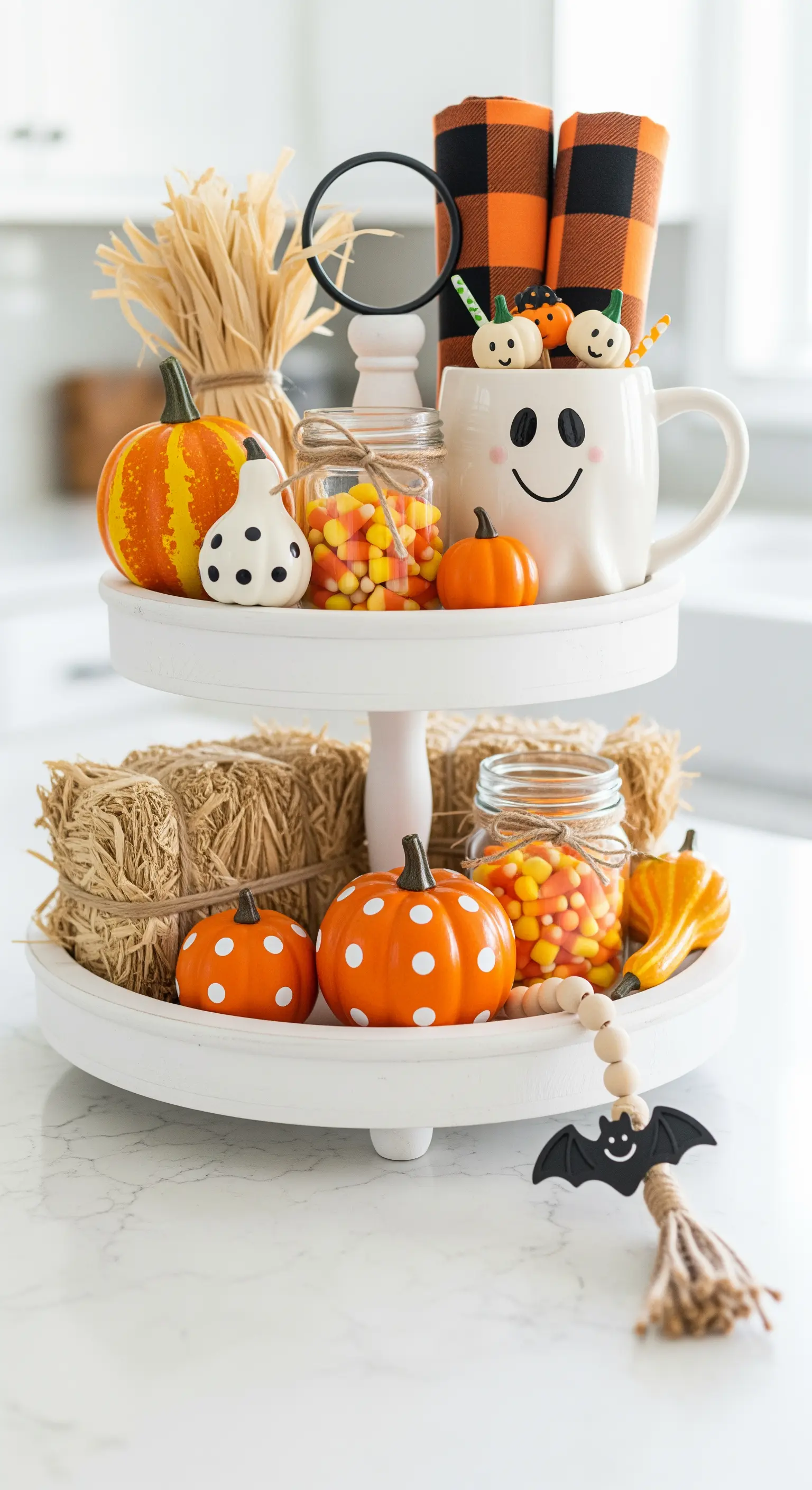 Weiße Etagere dekoriert mit Mini-Strohballen, Kürbissen und Gläsern mit Halloween-Süßigkeiten.