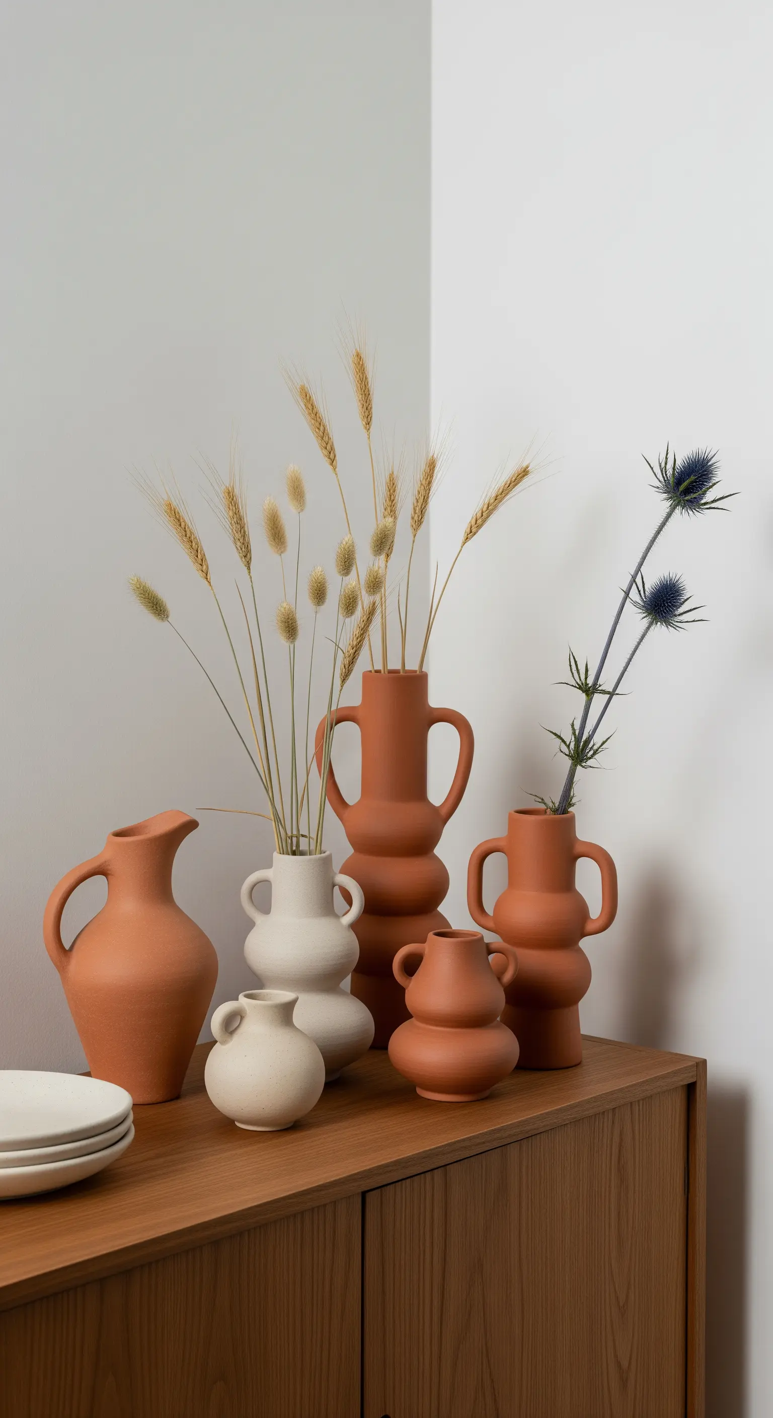 Gruppe von Terrakotta-Vasen in verschiedenen Formen auf einem Holz-Sideboard.