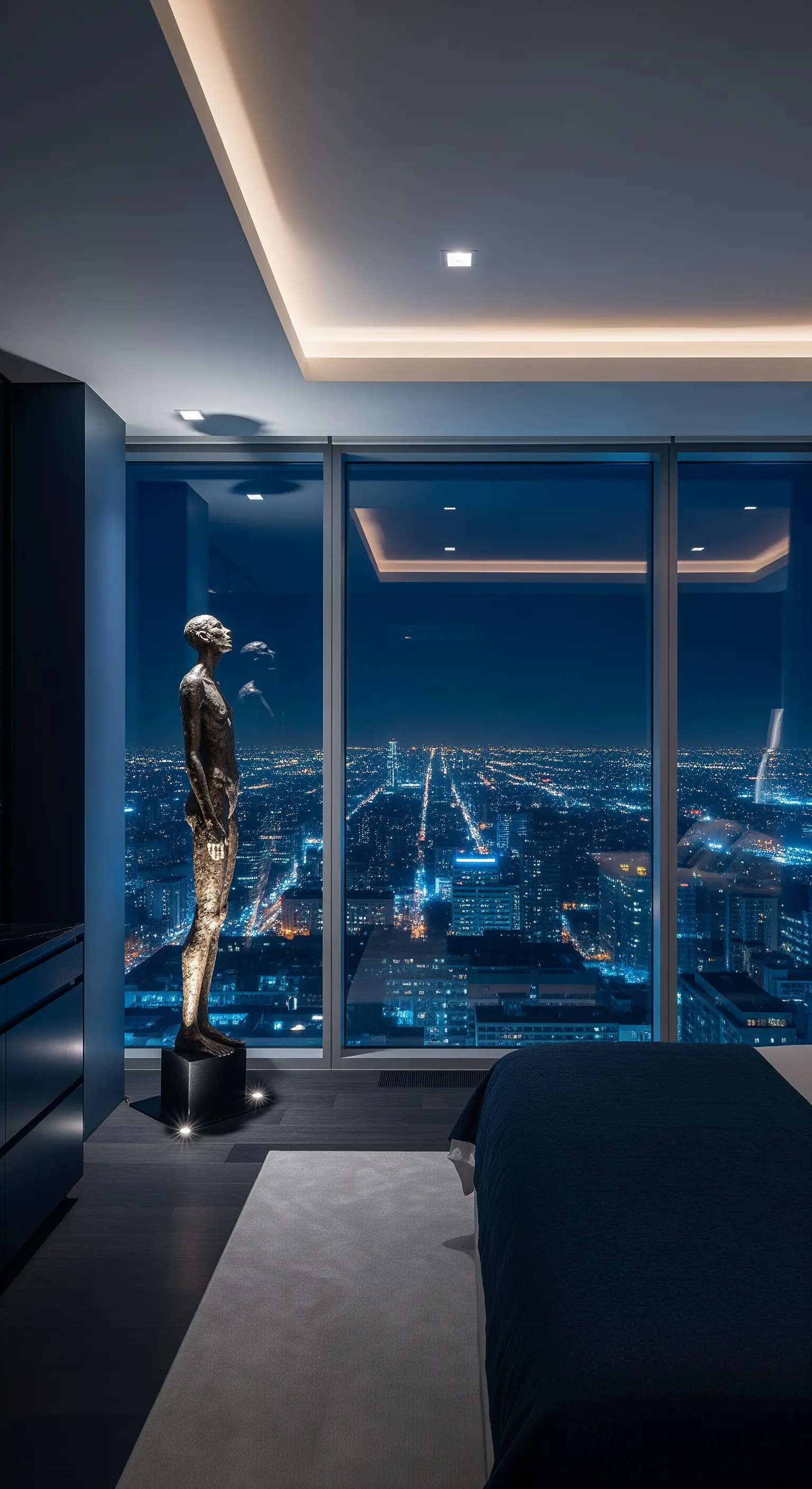 Bronze-Skulptur einer menschlichen Figur vor einem Panoramafenster mit nächtlichem Stadtblick.