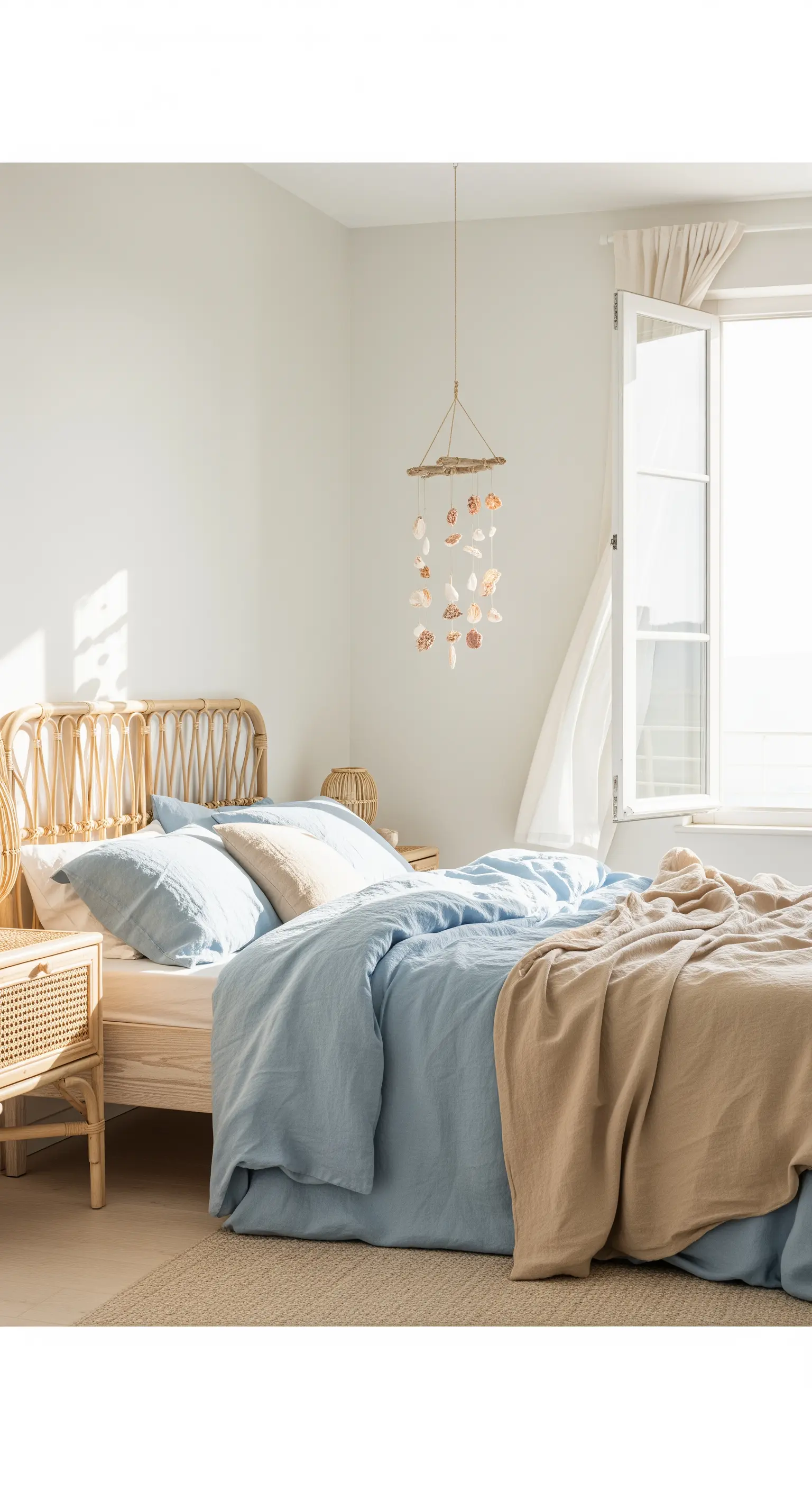 Helles Küsten-Boho-Schlafzimmer mit Rattan-Möbeln und Bettwäsche in Blau und Beige.