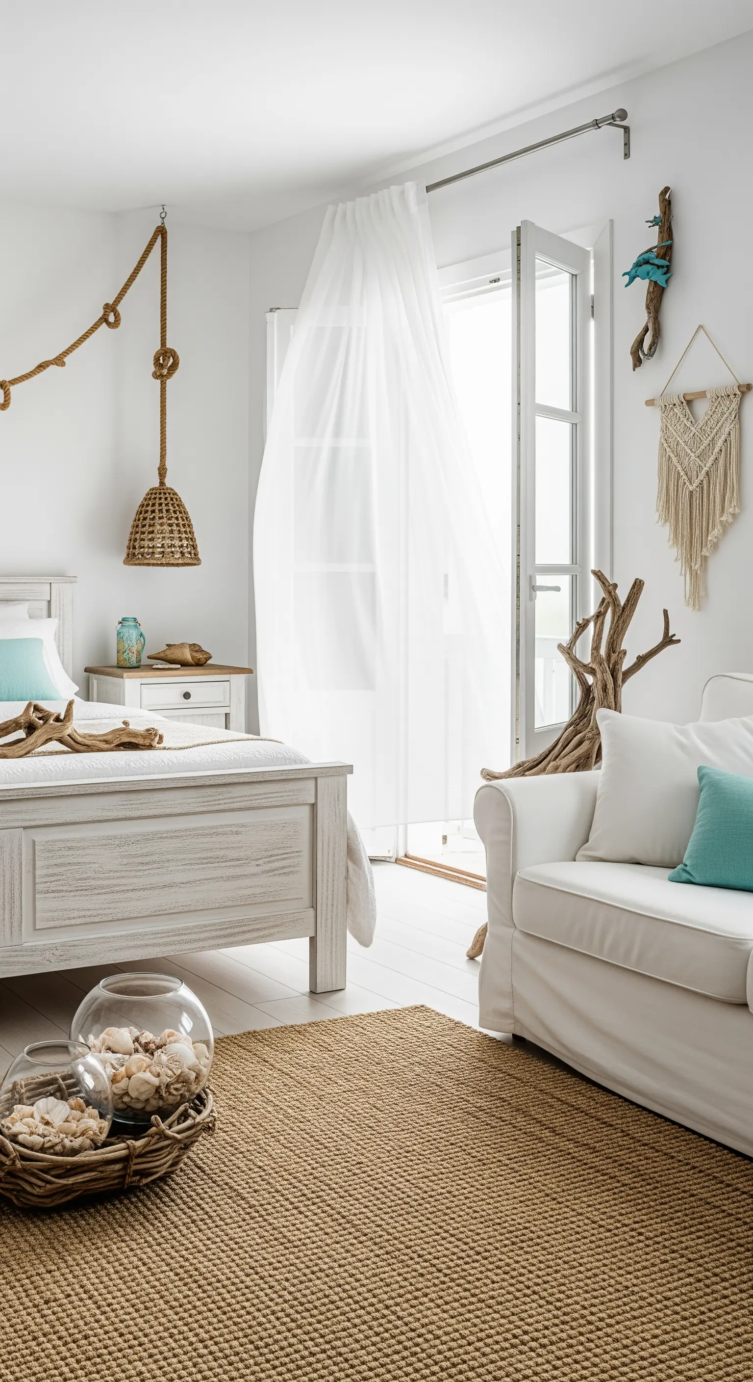 Helles Studio-Apartment im Coastal-Boho-Stil mit maritimen Dekoelementen.