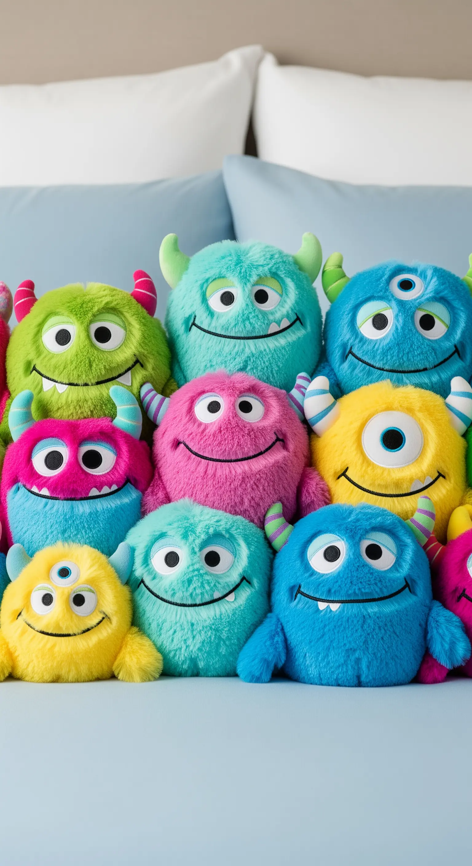 Eine große Gruppe von bunten, flauschigen Plüschmonstern mit lustigen Gesichtern sitzt auf einem Bett.