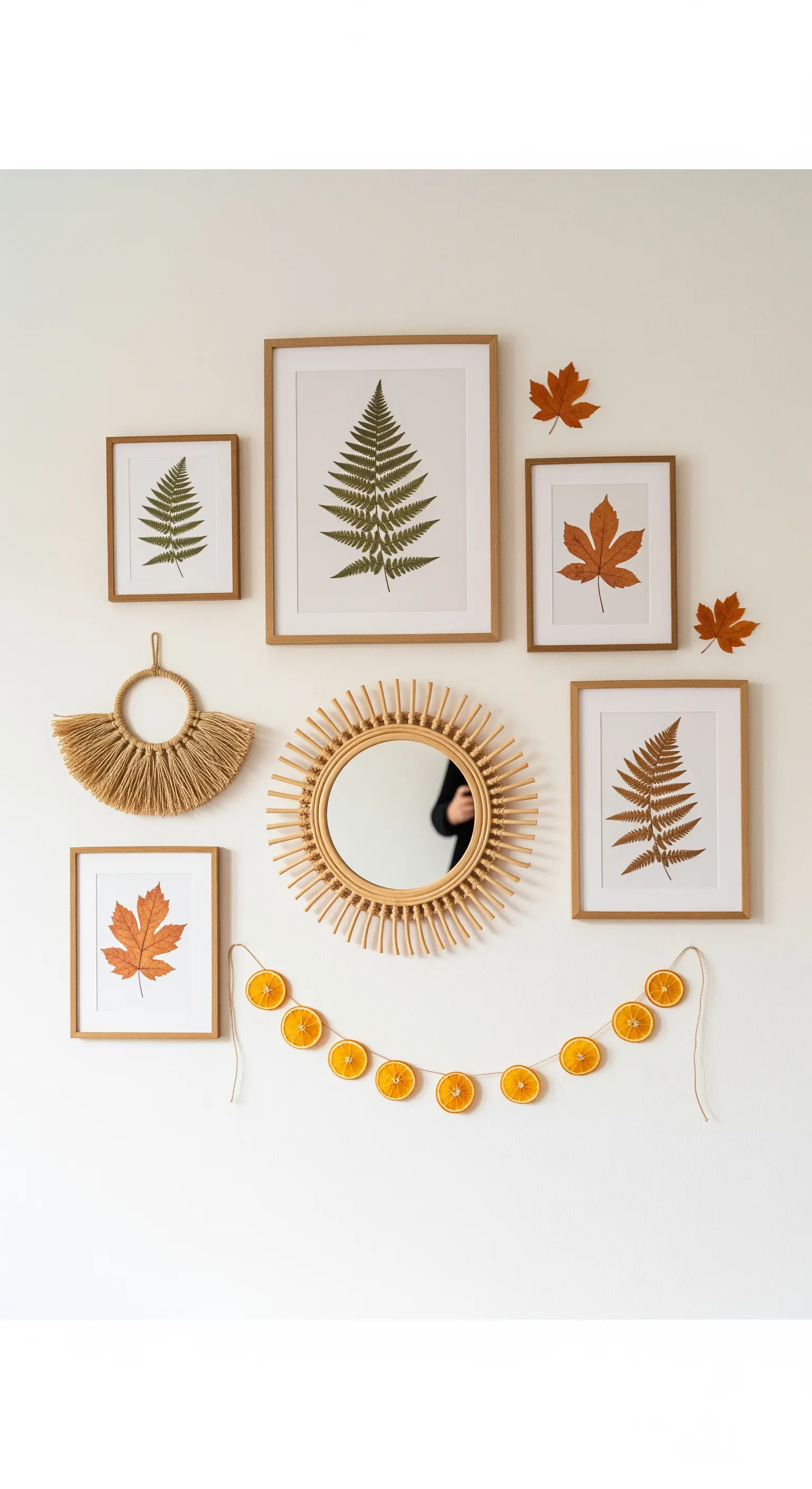 Galerie-Wand mit gerahmten Blättern, Rattanspiegel und Orangengirlande.