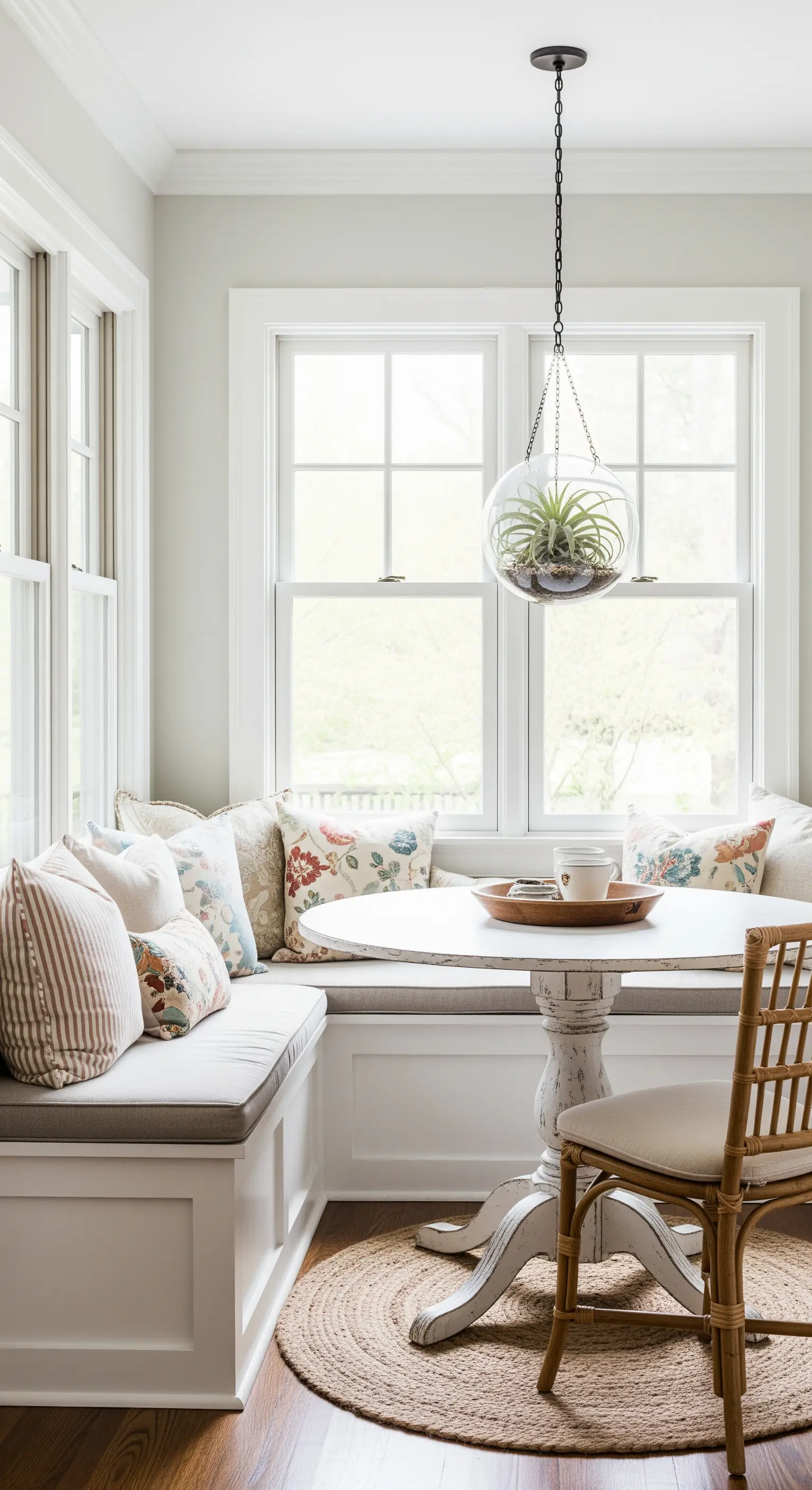 Helle Frühstücksecke mit einer gepolsterten Sitzbank am Fenster und vielen Kissen.
