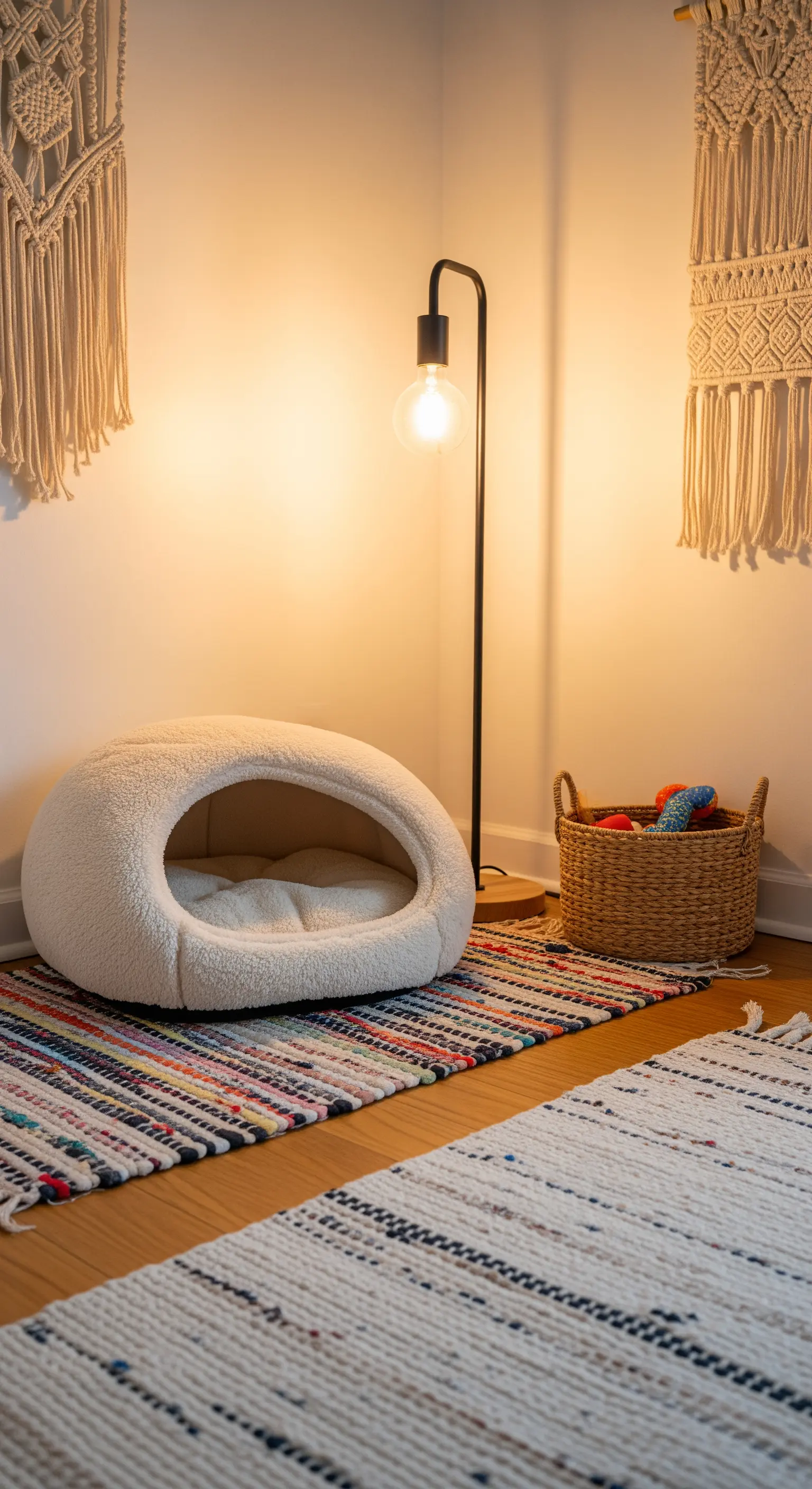 Eine gemütliche Ecke für ein Haustier mit einem weichen Bett, beleuchtet von einer warmen Stehlampe.