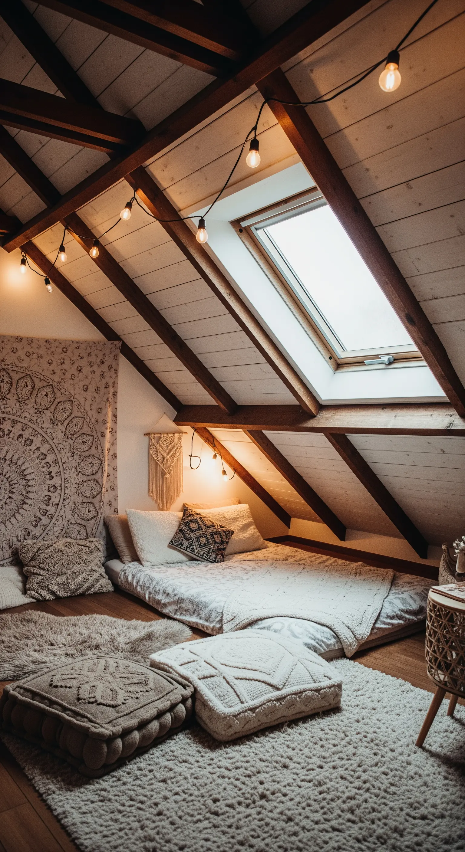 Gemütliches Boho-Schlafzimmer unter einer Dachschräge mit einem bodennahen Bett und vielen Kissen.