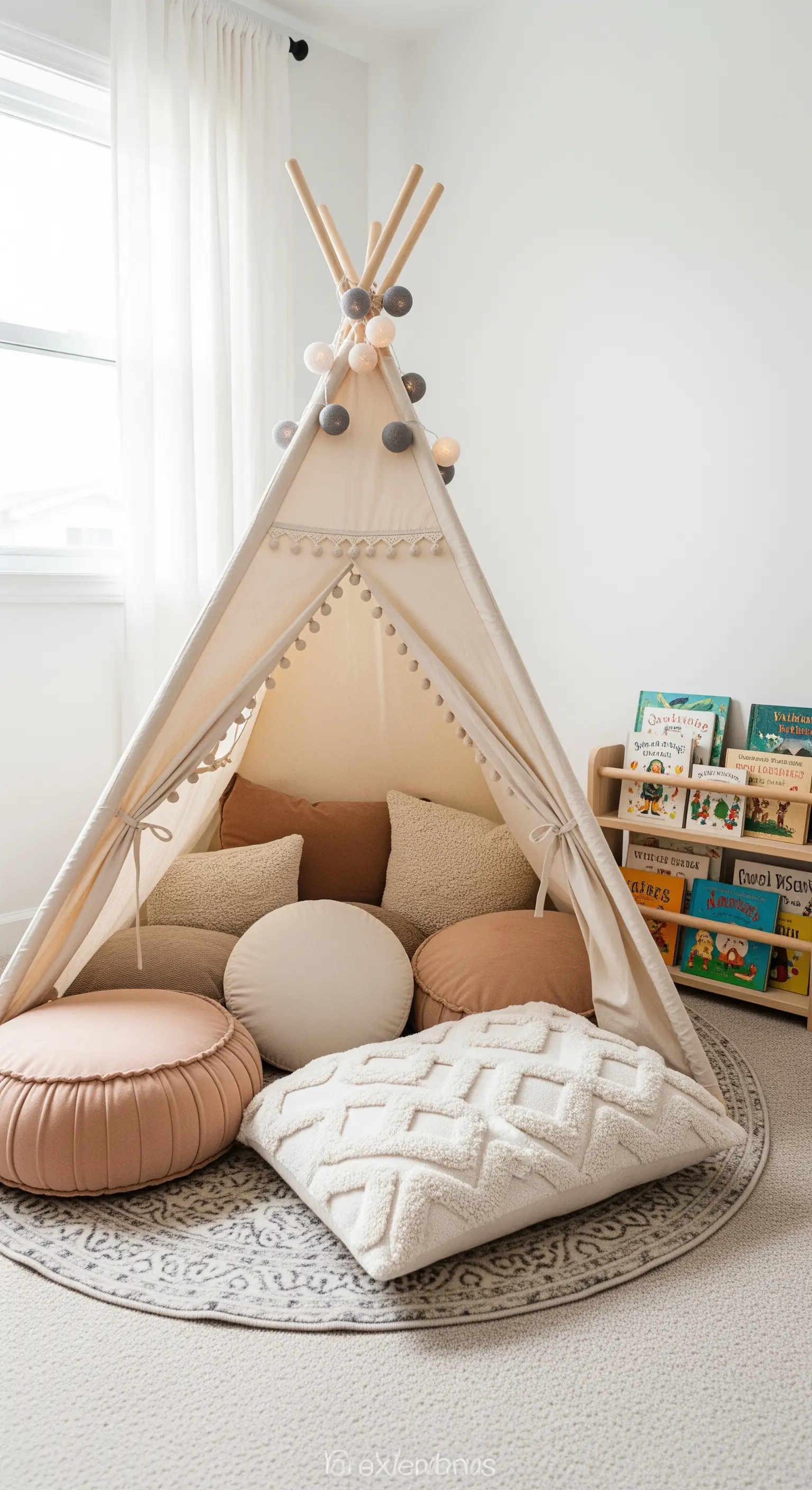 Ein Spiel-Tipi gefüllt mit vielen Kissen in sanften Erdtönen.
