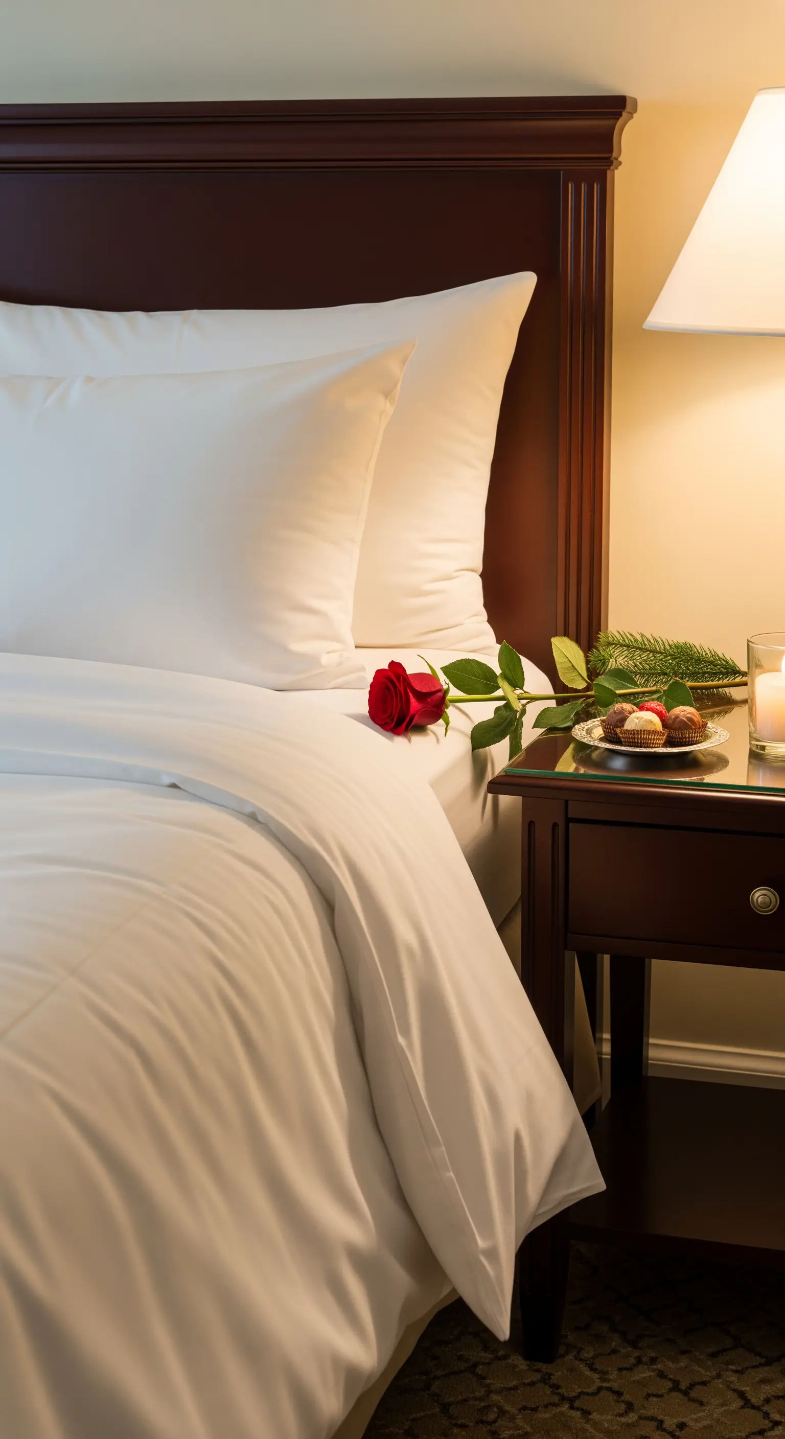 Nachttisch mit einer roten Rose, einer brennenden Kerze und kleinen Pralinen.