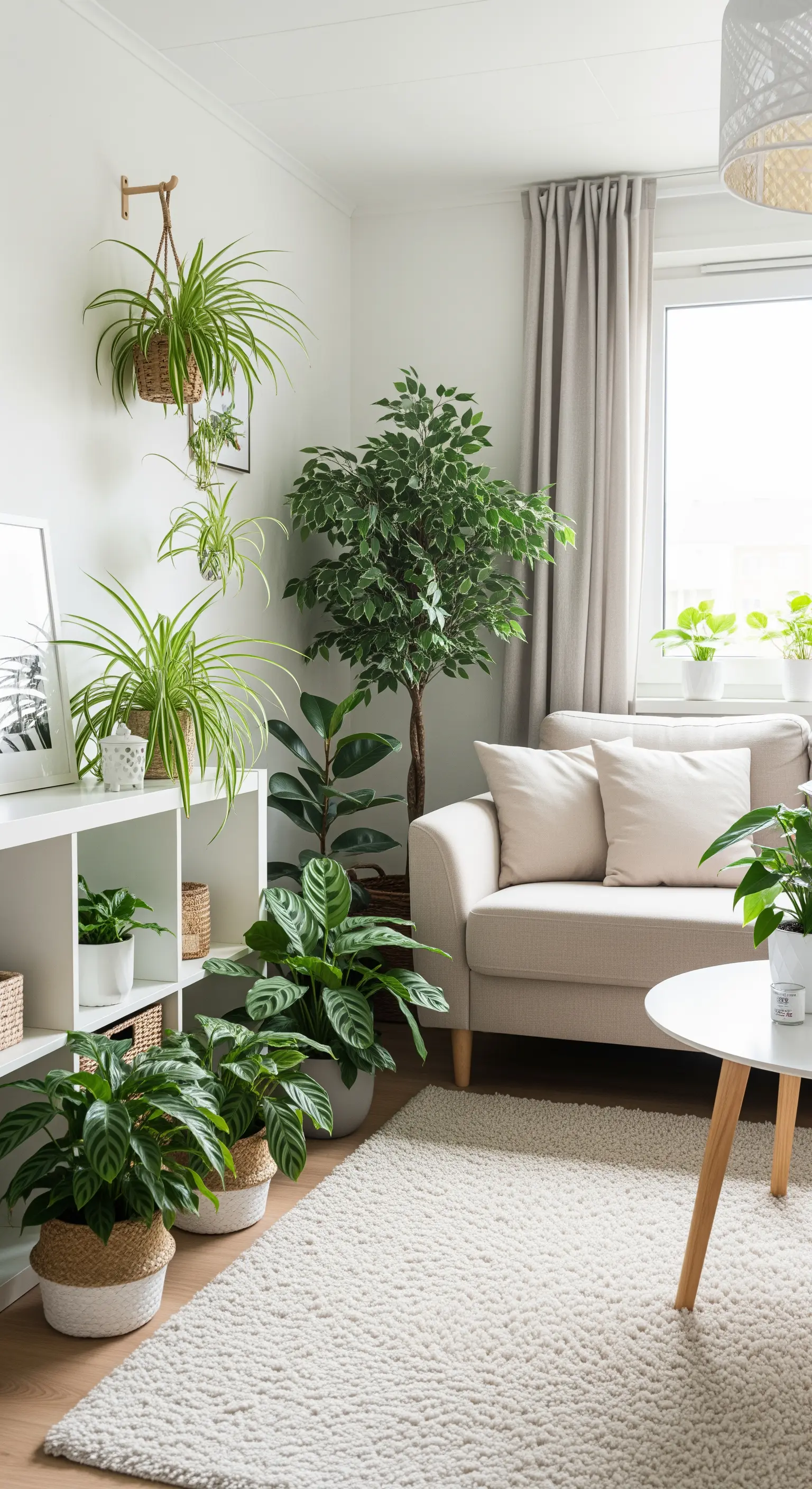 Eine Sammlung verschiedener Zimmerpflanzen in weißen Töpfen und Körben in einer Wohnzimmerecke.