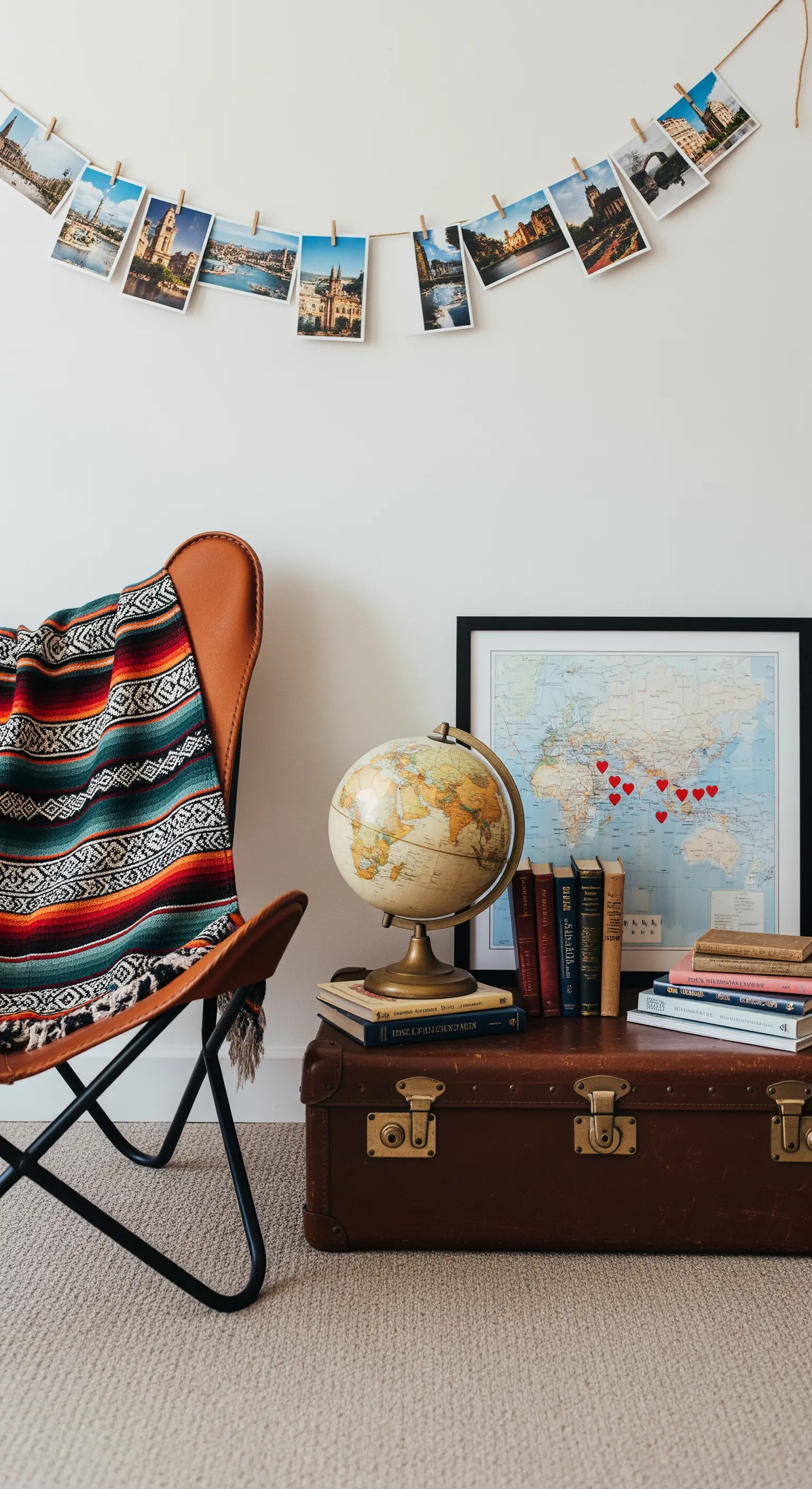 Eine Leseecke im Reise-Thema mit einer Weltkarte, einem alten Koffer und einer Fotogirlande.