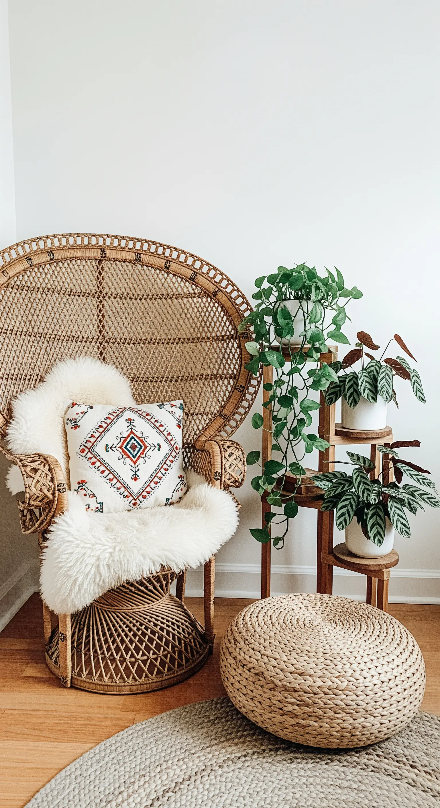Eine Leseecke mit einem Pfauenstuhl aus Rattan und einem Schaffell.