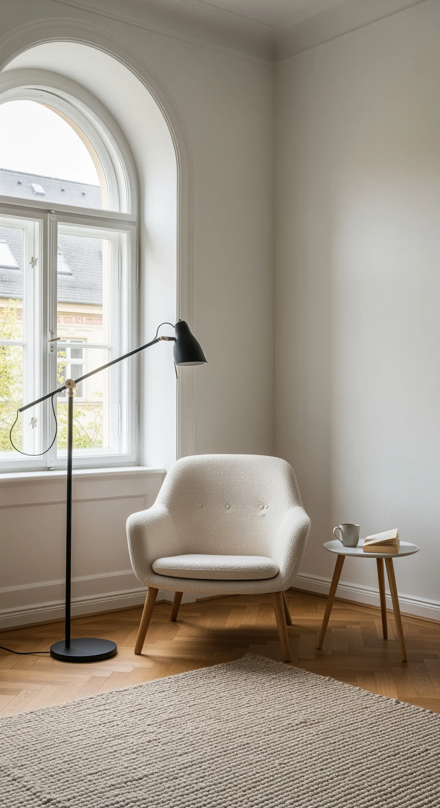 Gemütliche Leseecke im Altbau mit einem weißen Sessel und einer schwarzen Stehlampe.
