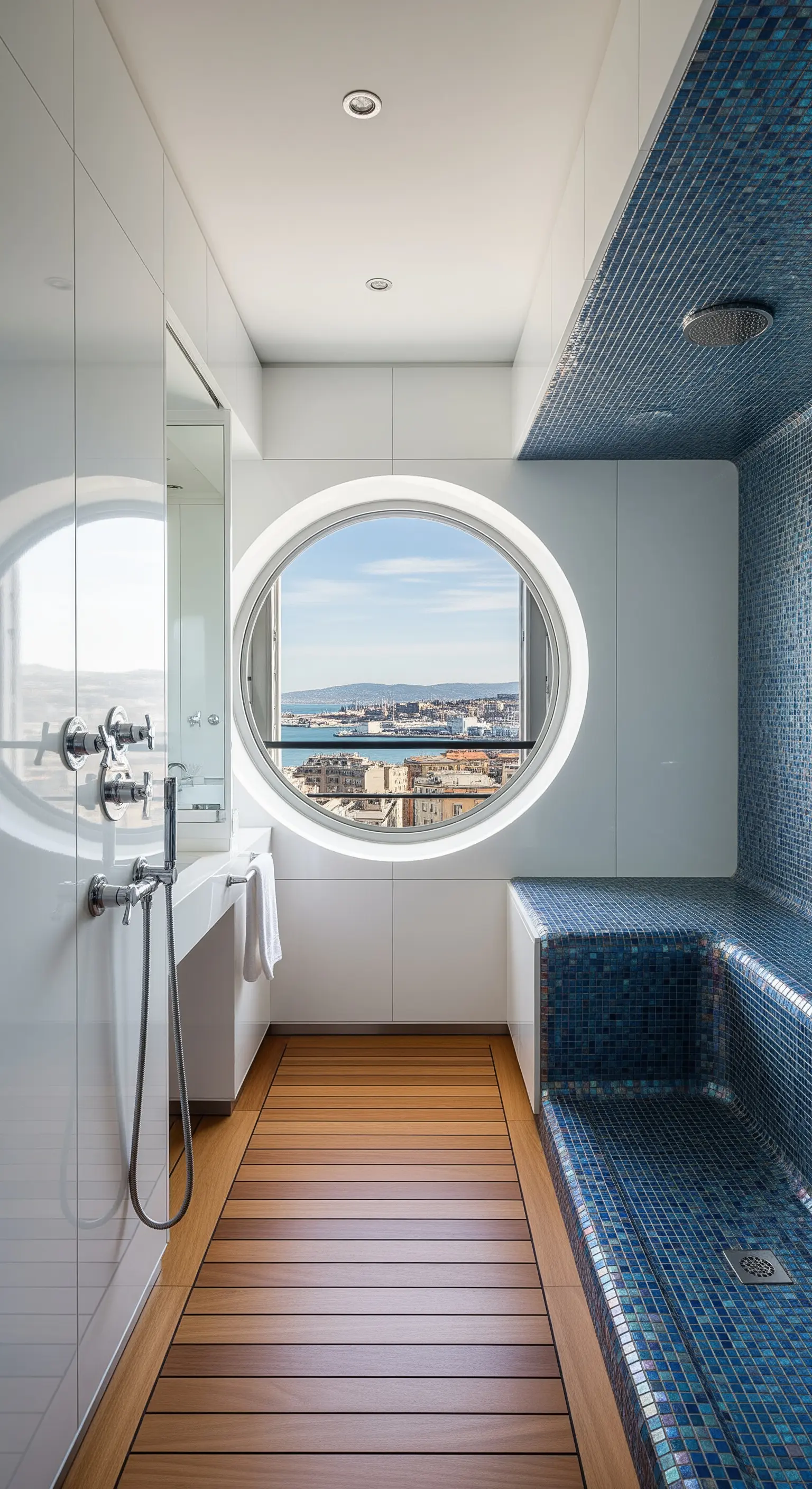 Modernes Badezimmer mit Bullaugen-Fenster, Teakholzboden und blauen Mosaikfliesen.