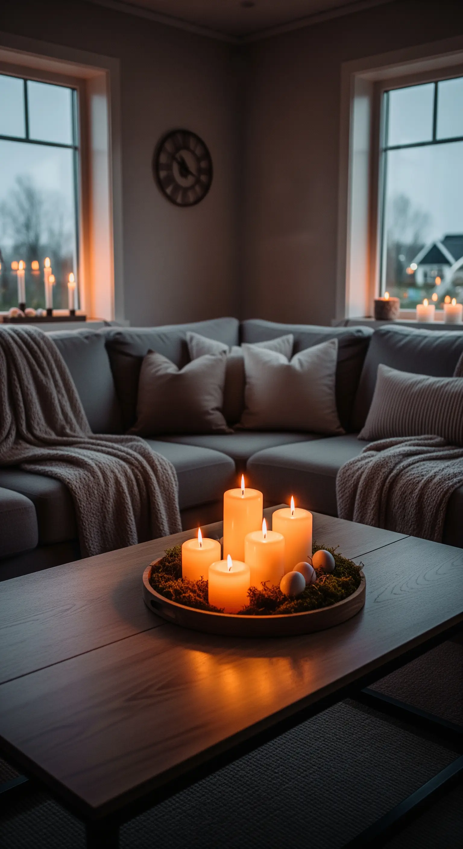 Couchtisch mit einem Tablett voller Moos und unterschiedlich hohen Blockkerzen in einem dunklen Wohnzimmer.