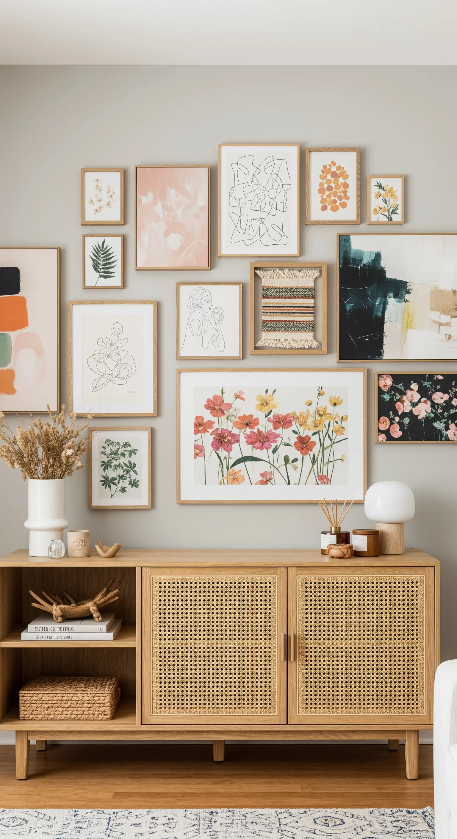 Große Bilderwand mit verschiedenen Kunstdrucken in Holzrahmen über einem Rattan-Sideboard.