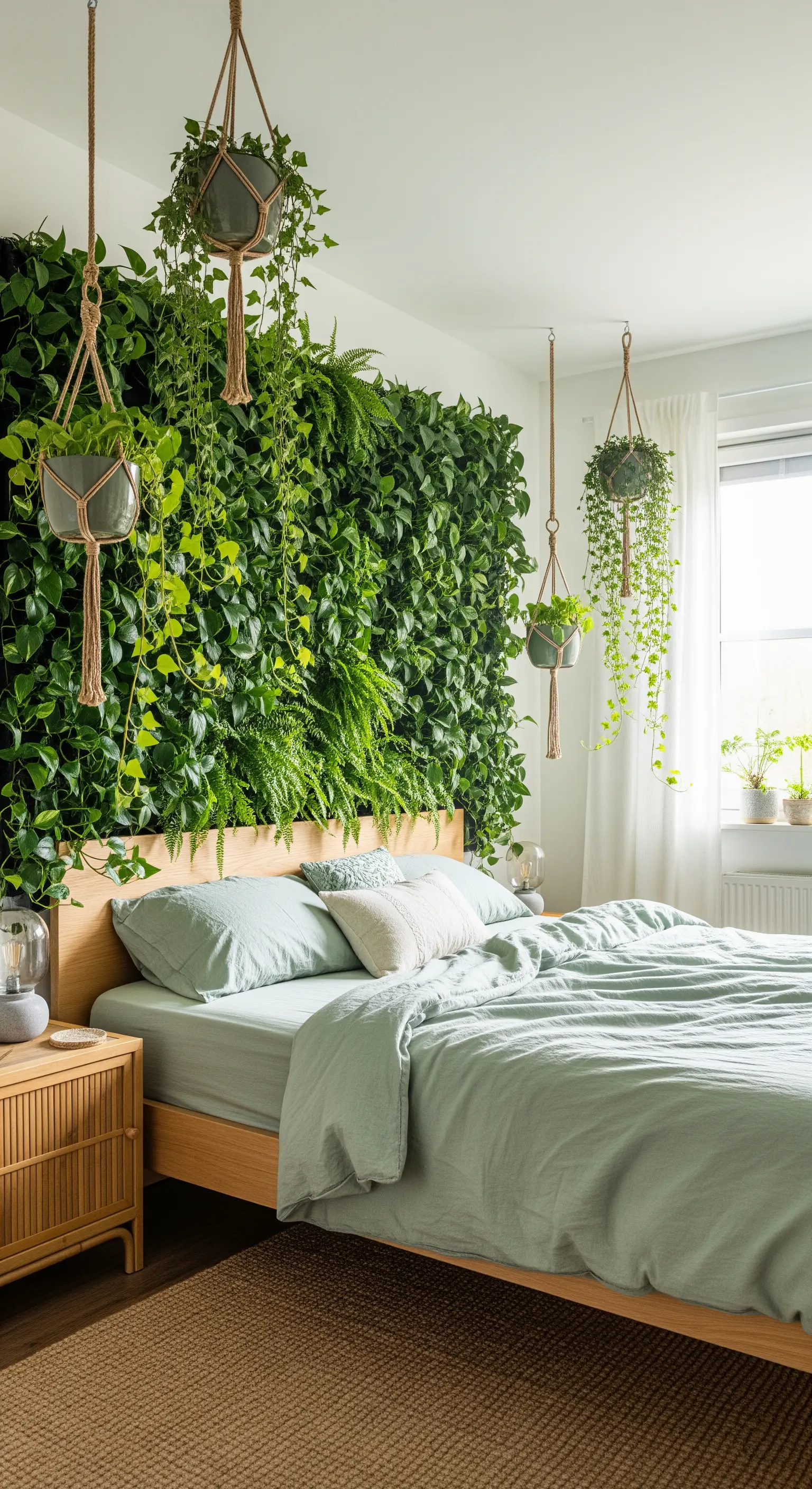 Boho-Schlafzimmer mit einer üppig bepflanzten grünen Wand hinter dem Bett.