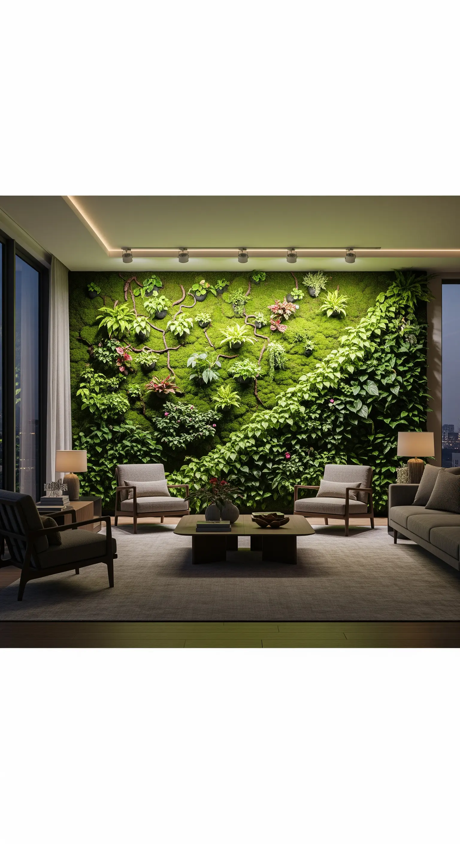 Wohnzimmer mit einer großen, beleuchteten Pflanzenwand als grüner Akzent