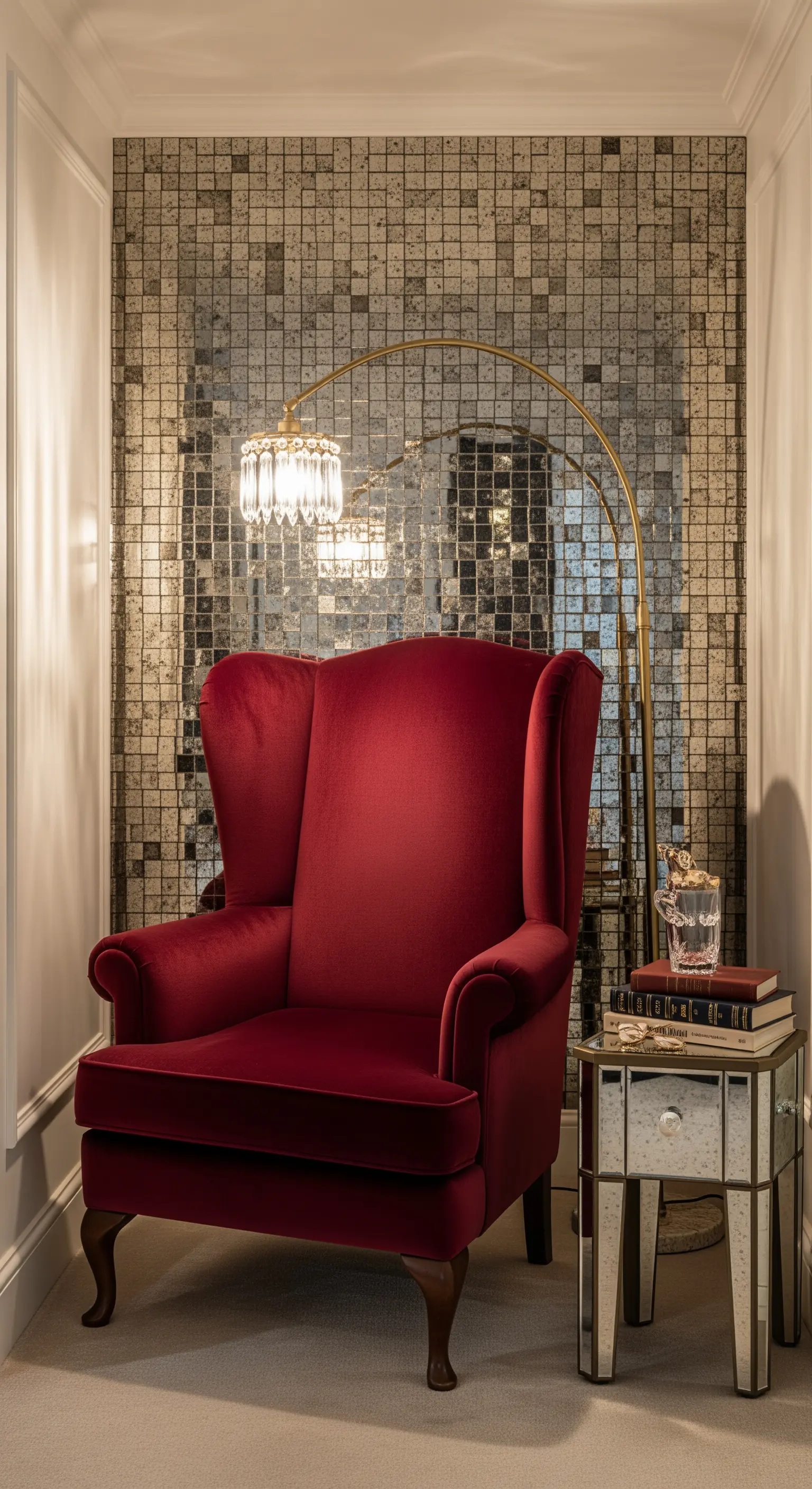 Roter Samtsessel in einer Leseecke vor einer Wand aus antiken Spiegelfliesen.