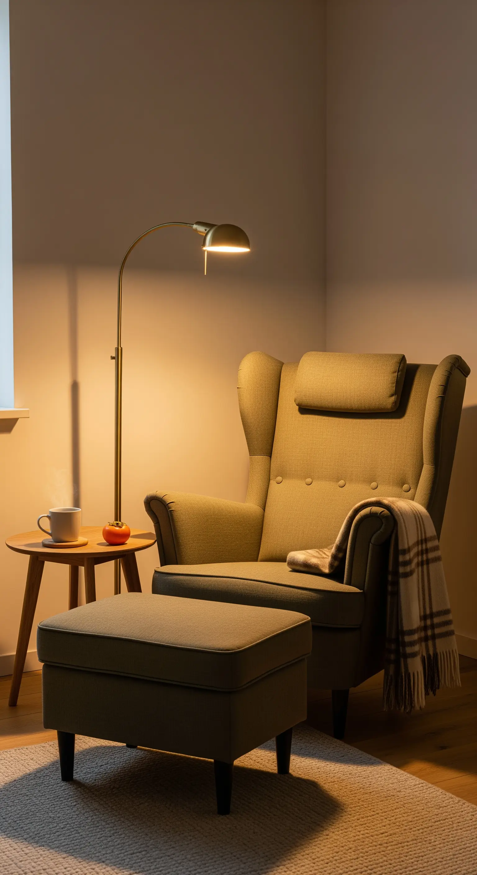 Gemütliche Leseecke mit grünem Sessel und warmer Stehlampe.