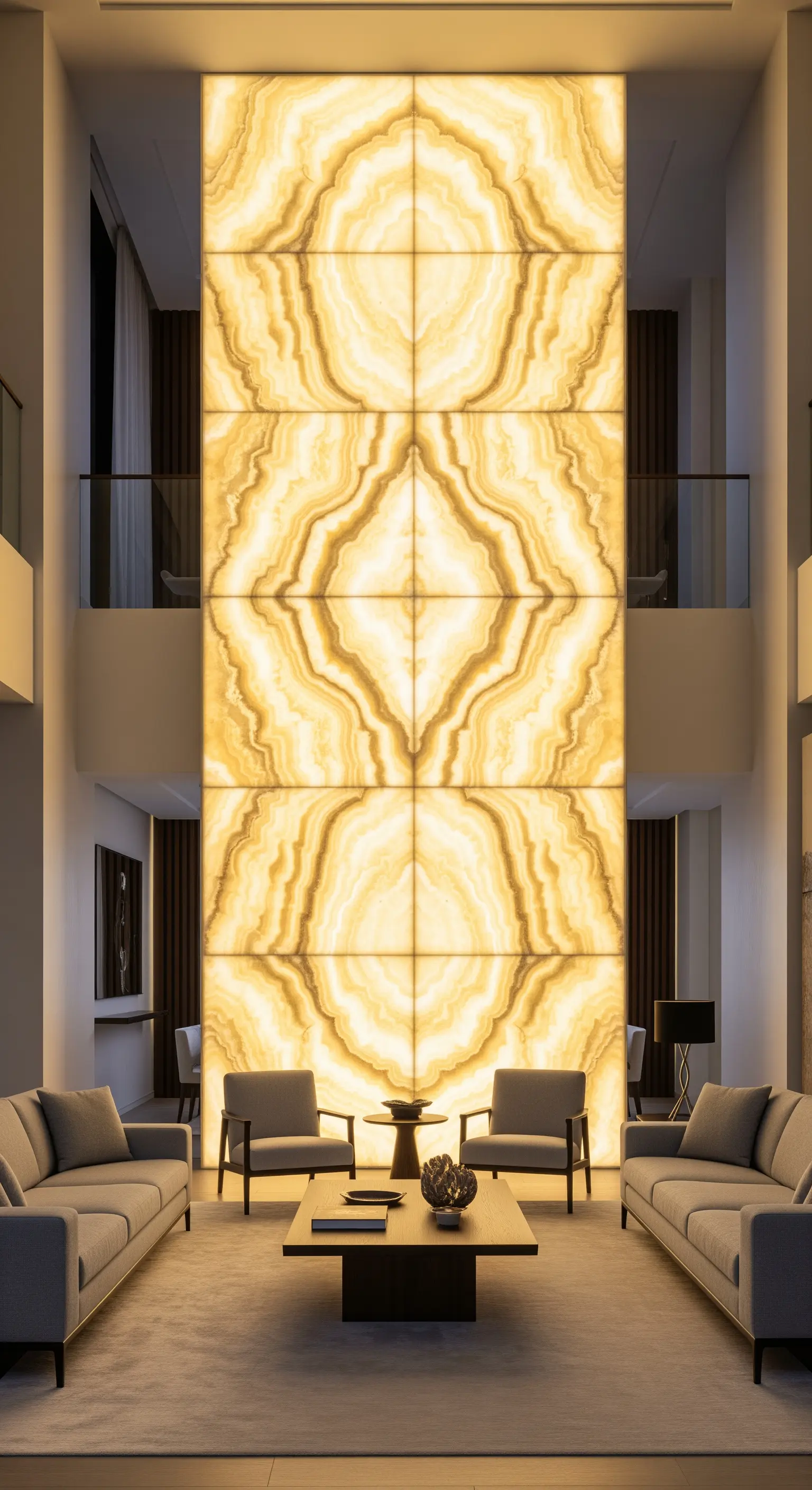 Luxuriöses Wohnzimmer mit einer raumhohen, hinterleuchteten Onyx-Wand in der Mitte