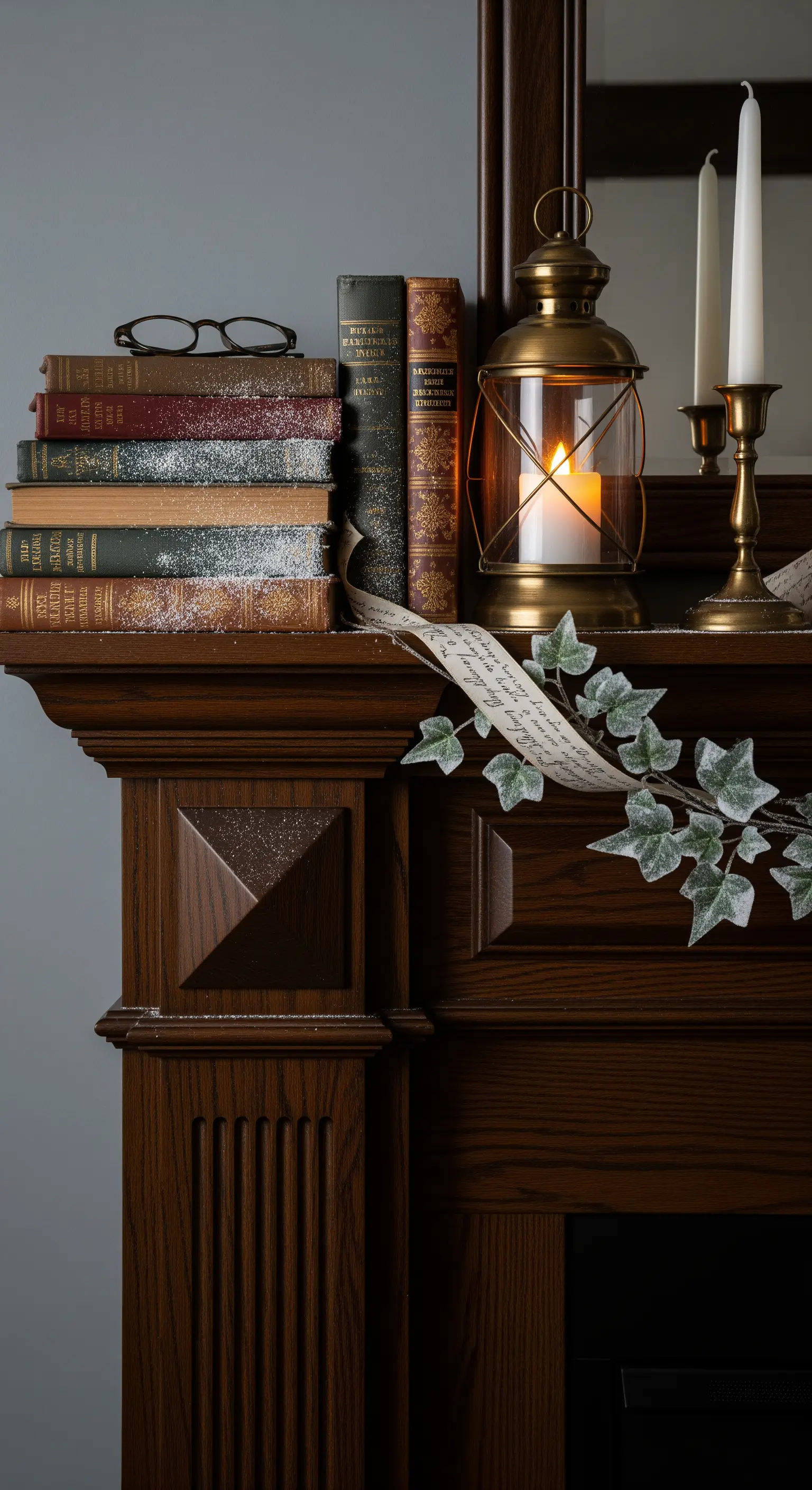 Kamin-Deko mit einem Stapel alter Bücher, einer Laterne und Lesebrille.