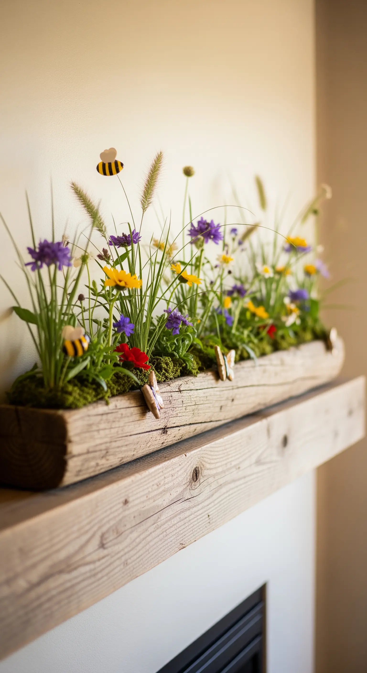 Ein ausgehöhlter Holzbalken, bepflanzt mit bunten Wildblumen und Gräsern als Mini-Wiese