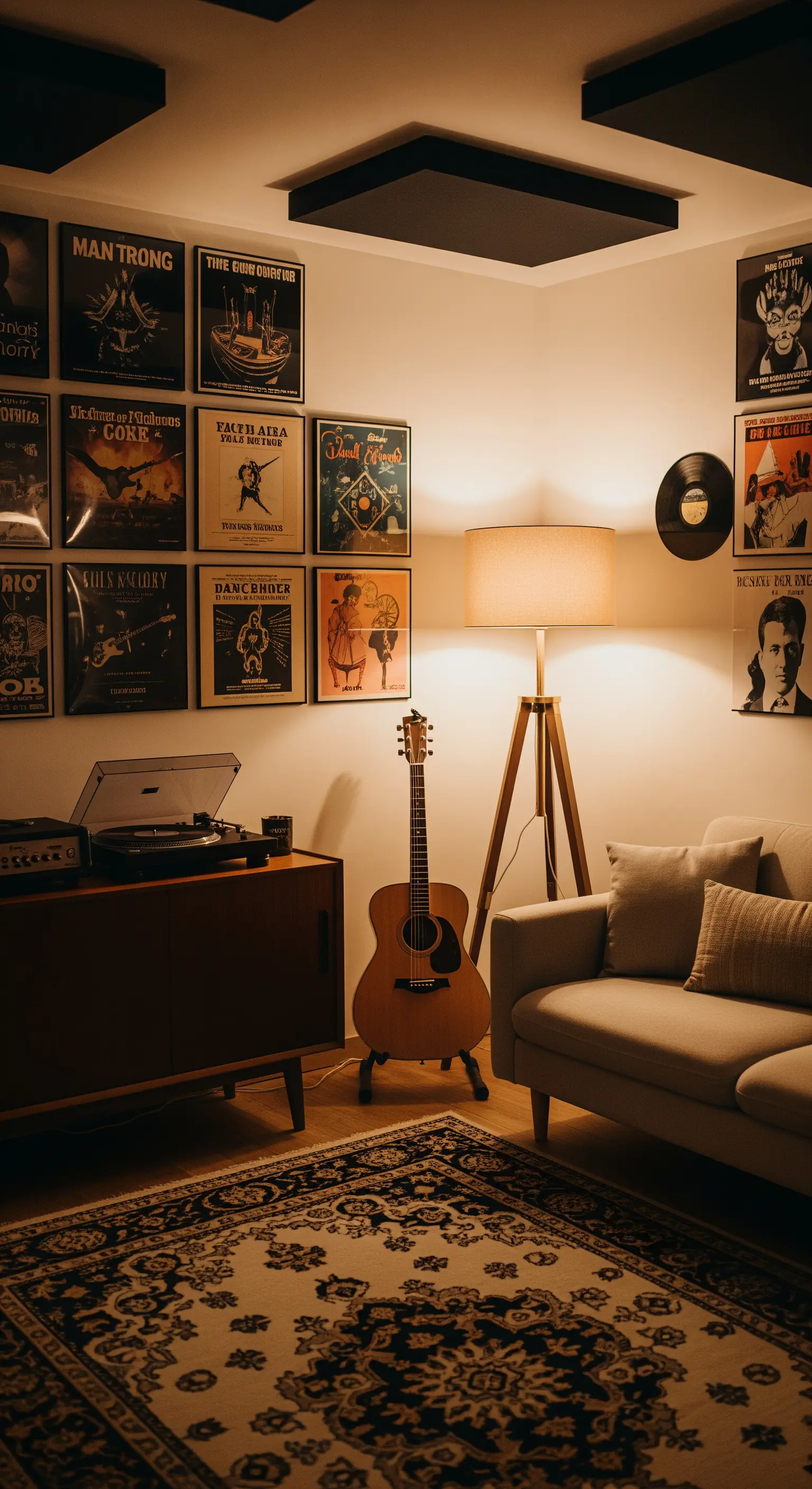 Gemütliche Musikecke mit Plattenspieler, Schallplatten an der Wand und einer Retro-Stehlampe.