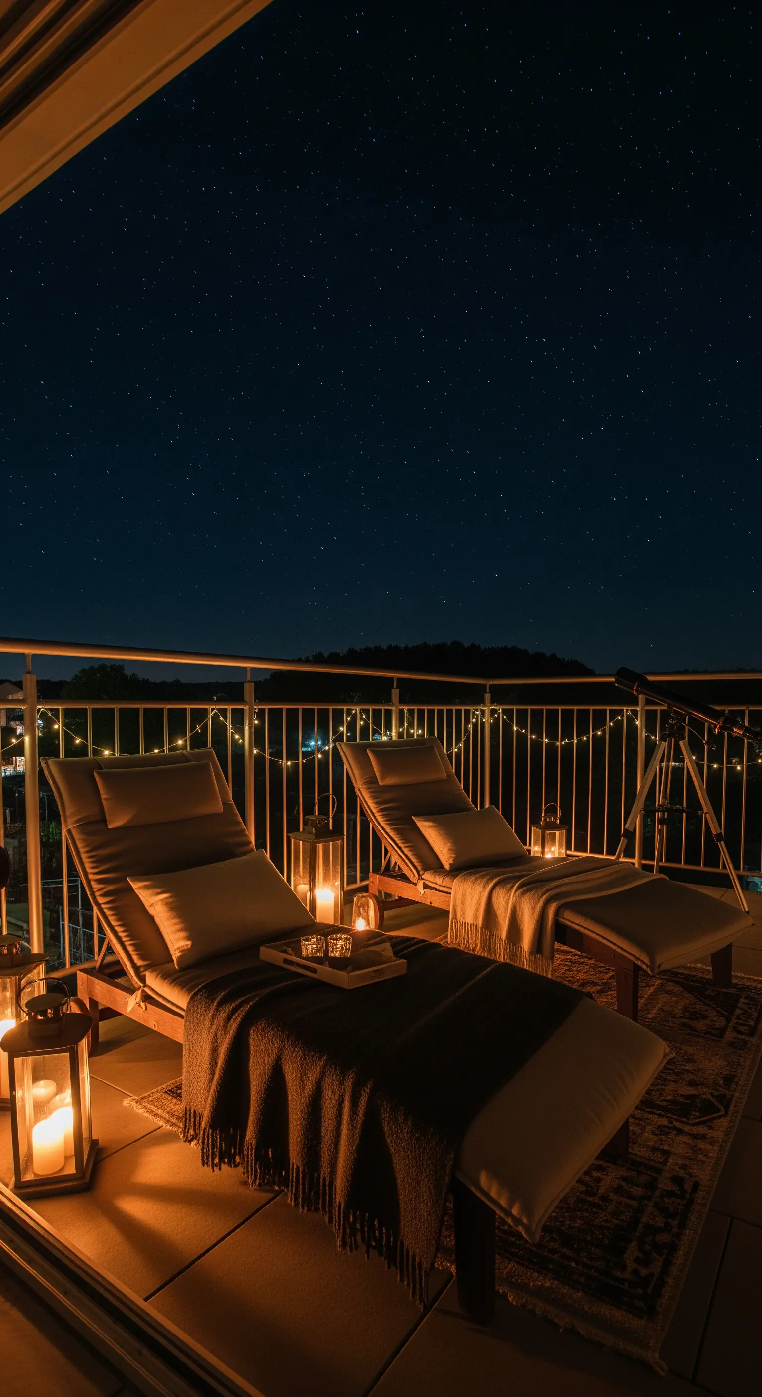 Balkon mit Liegestühlen, Decken und Laternen für eine Sternennacht