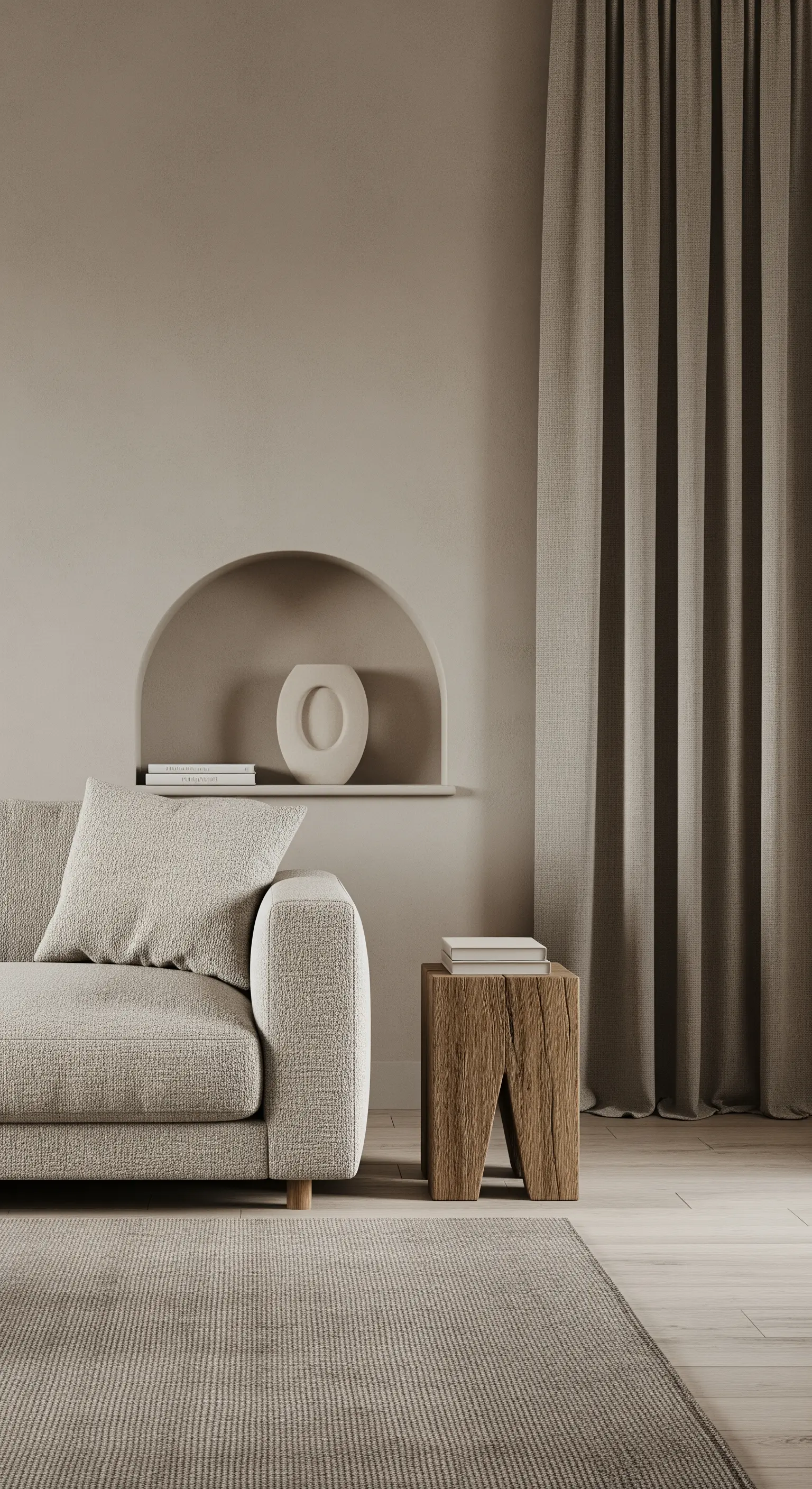 Detail eines beigen Sofas neben einer Wandnische, in der eine einzelne weiße Keramikvase steht.