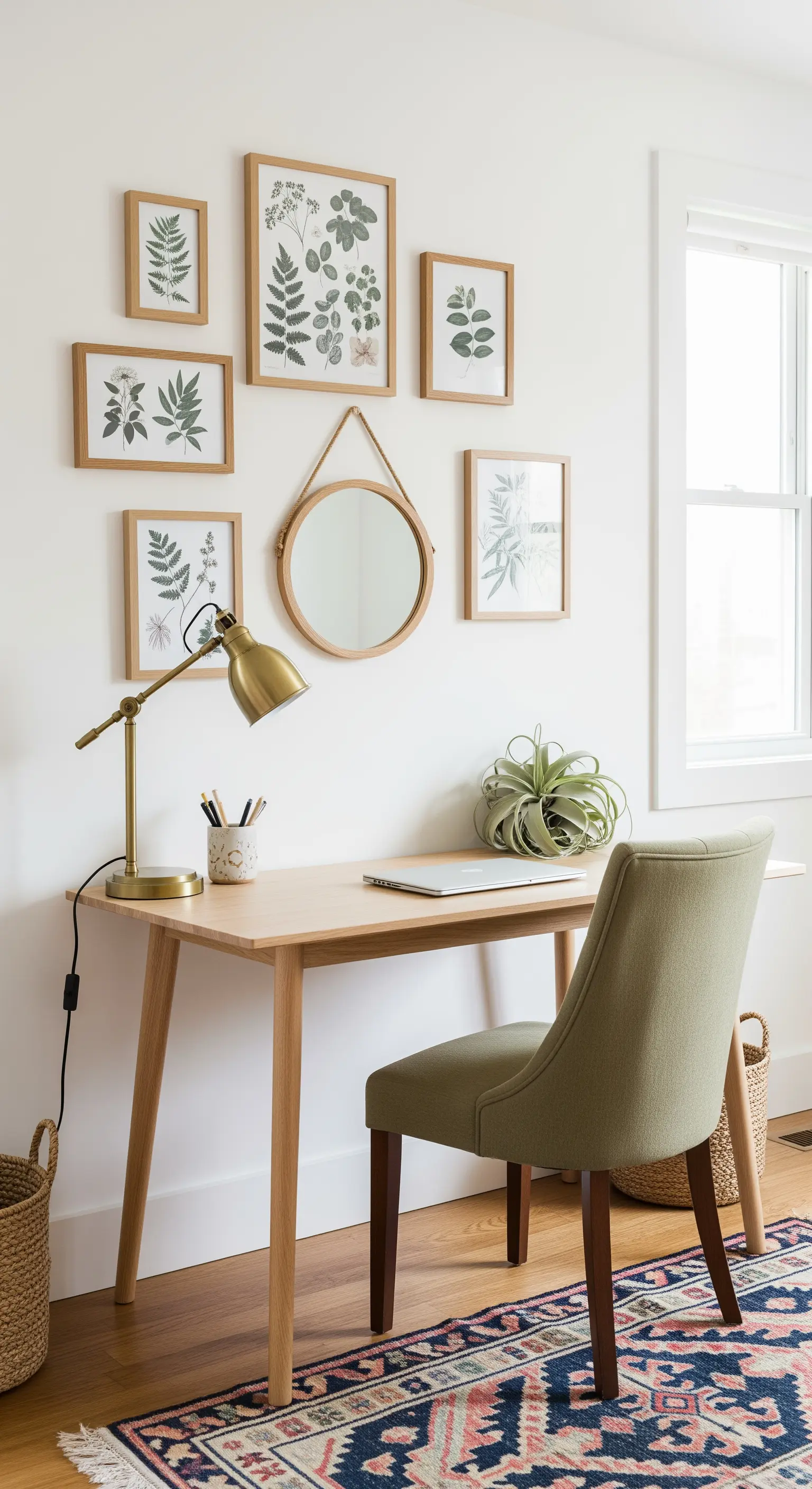 Galerie-Wand mit botanischen Drucken und einem runden Spiegel über einem Schreibtisch.