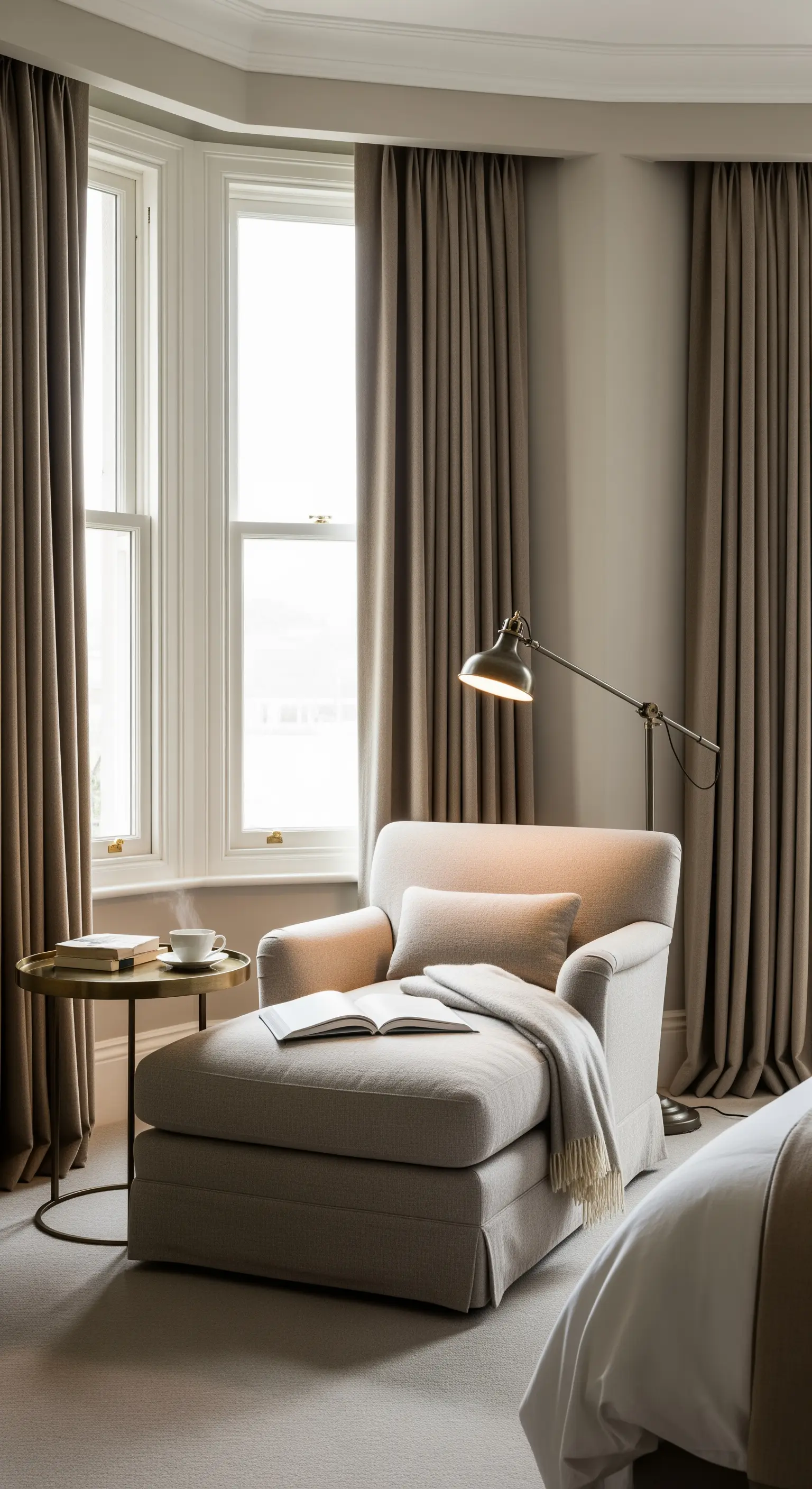 Gemütliche Leseecke im Schlafzimmer mit einer beigen Chaiselongue und einer Stehlampe.