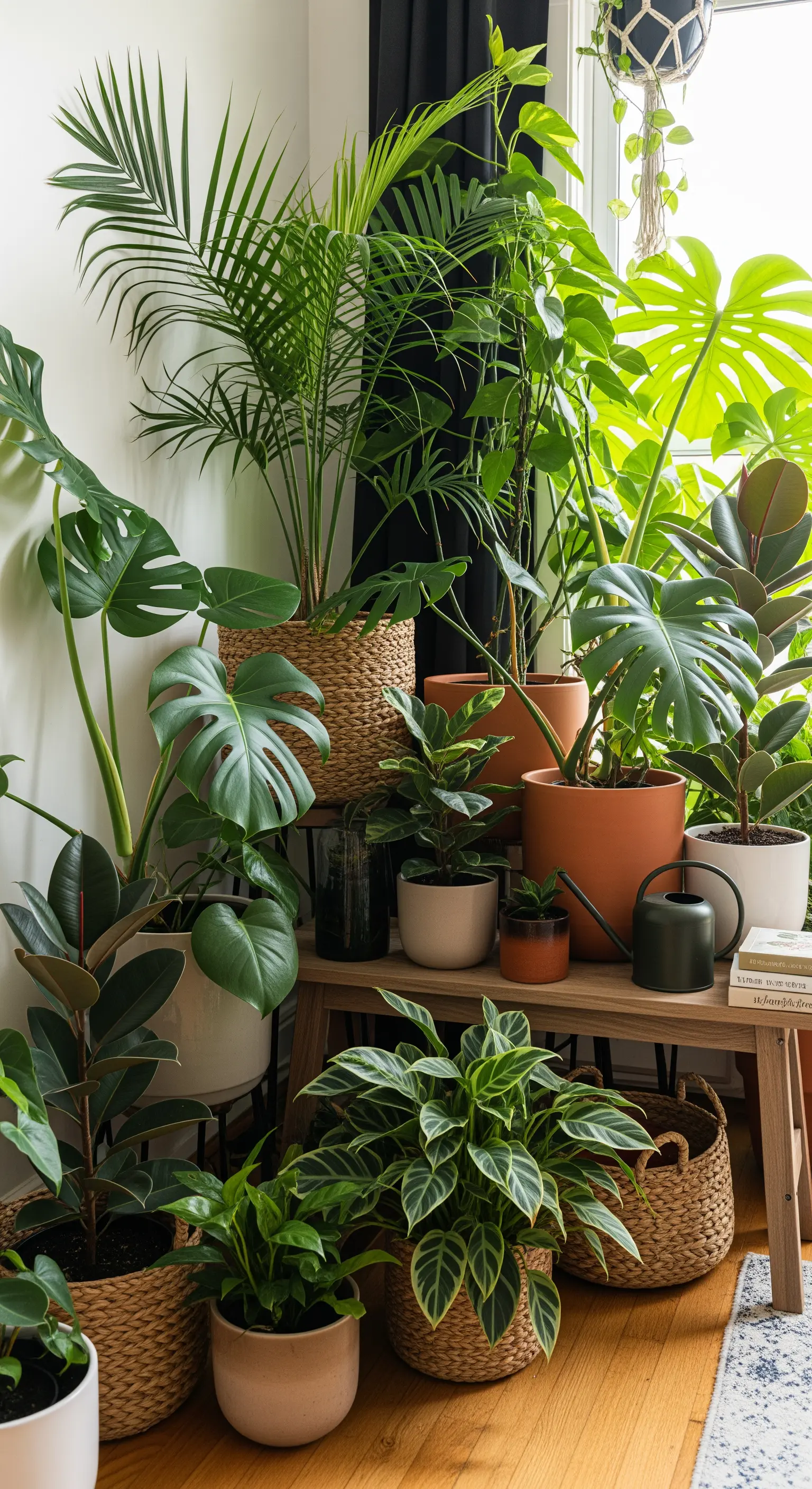 Ecke voller Zimmerpflanzen in verschiedenen Größen und Töpfen, arrangiert auf einer Holzbank.