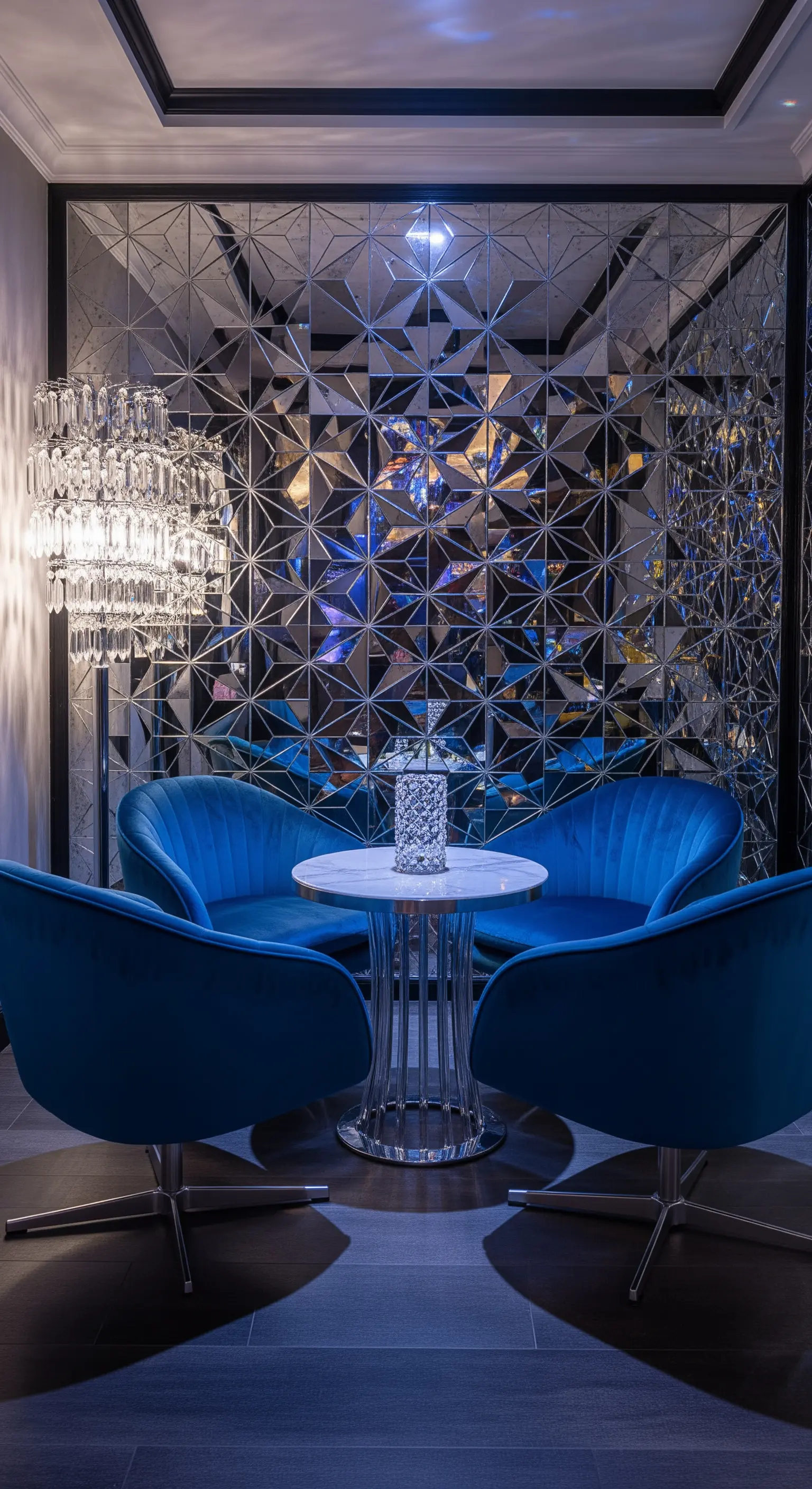 Intime Lounge-Ecke mit blauen Samtsesseln vor einer geometrischen Spiegelwand.