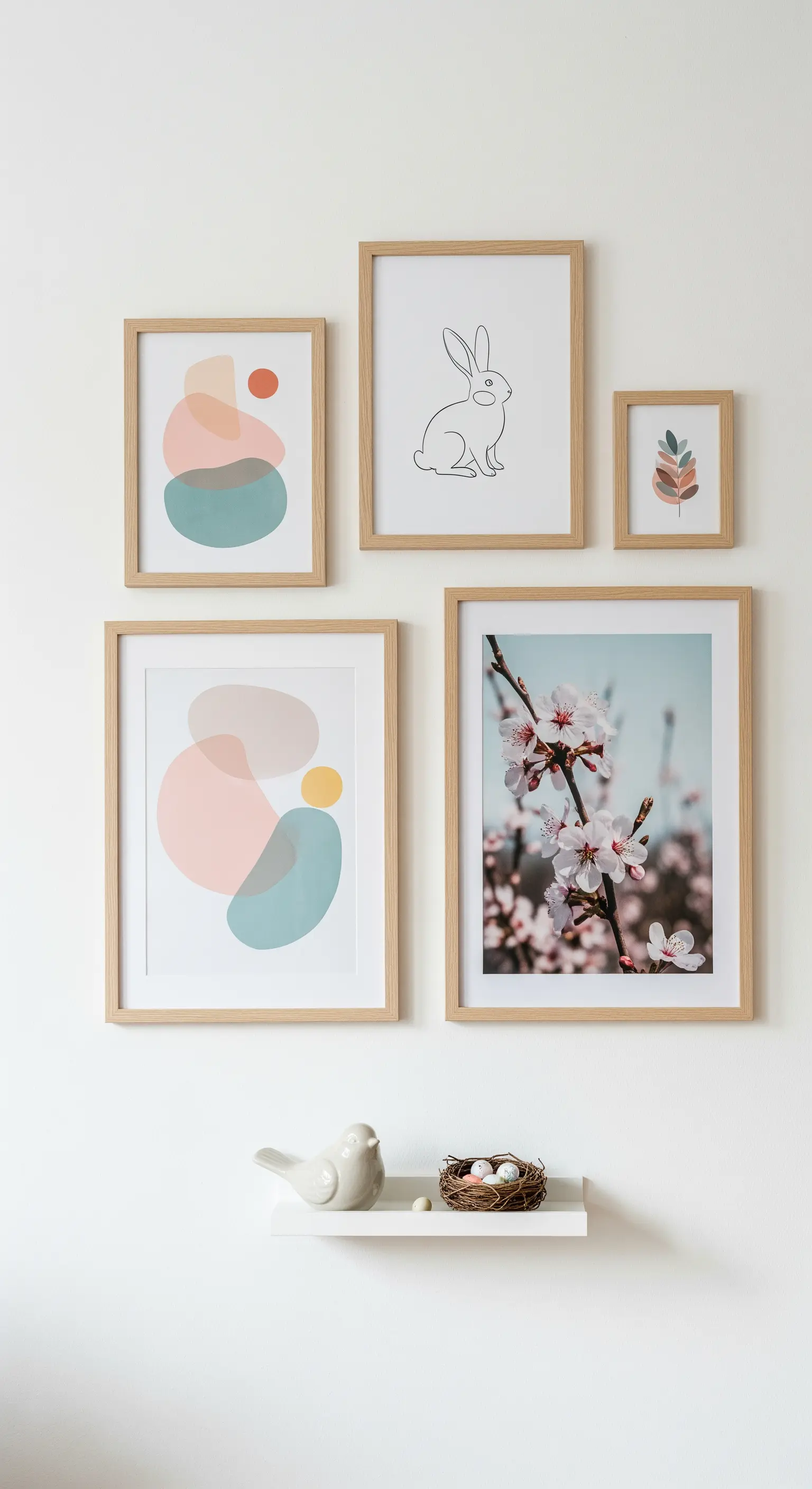 Bilderwand mit Holzrahmen, die Ostermotive und abstrakte Kunst in Pastellfarben zeigt.