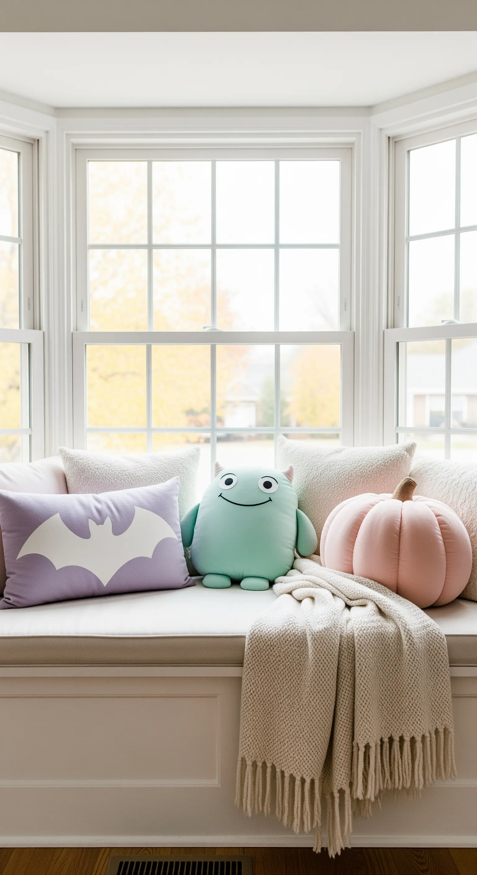 Eine helle Fensterbank mit einer gemütlichen Sitzecke, dekoriert mit Kissen in Pastell-Halloween-Designs.
