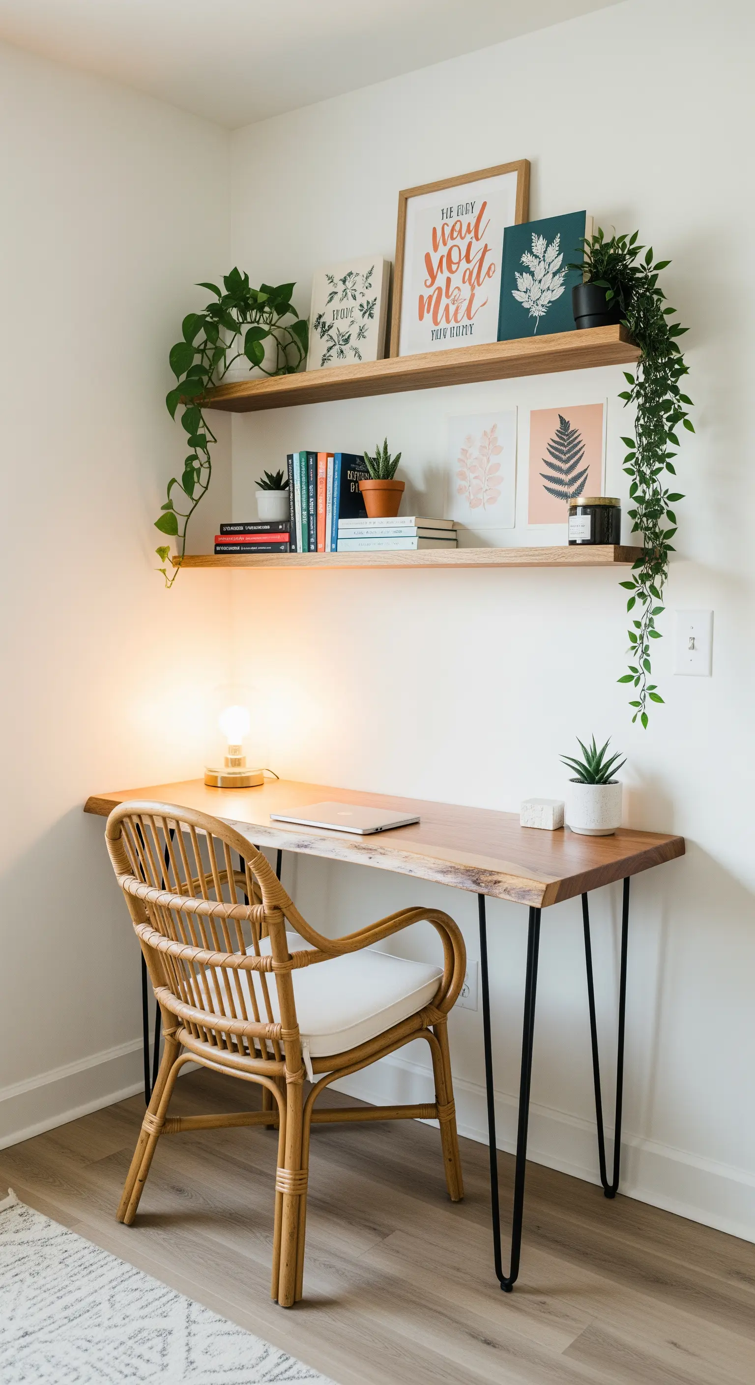 Kompakter Arbeitsplatz mit einer Schreibtischplatte aus Naturholz und schwebenden Regalen darüber.
