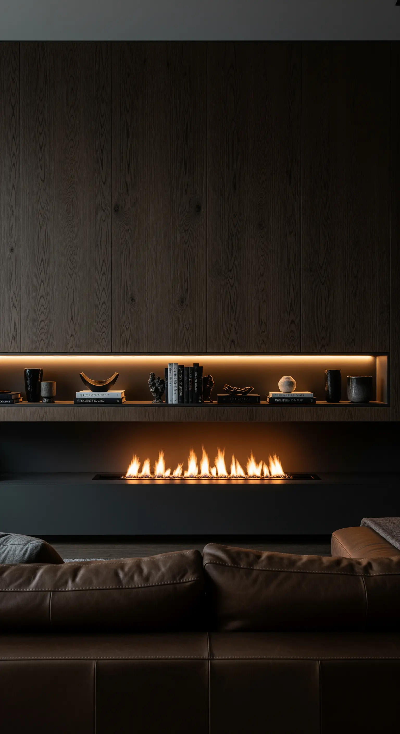 Moderner Kamin mit einer langen, beleuchteten Nische in einer dunklen Holzwand